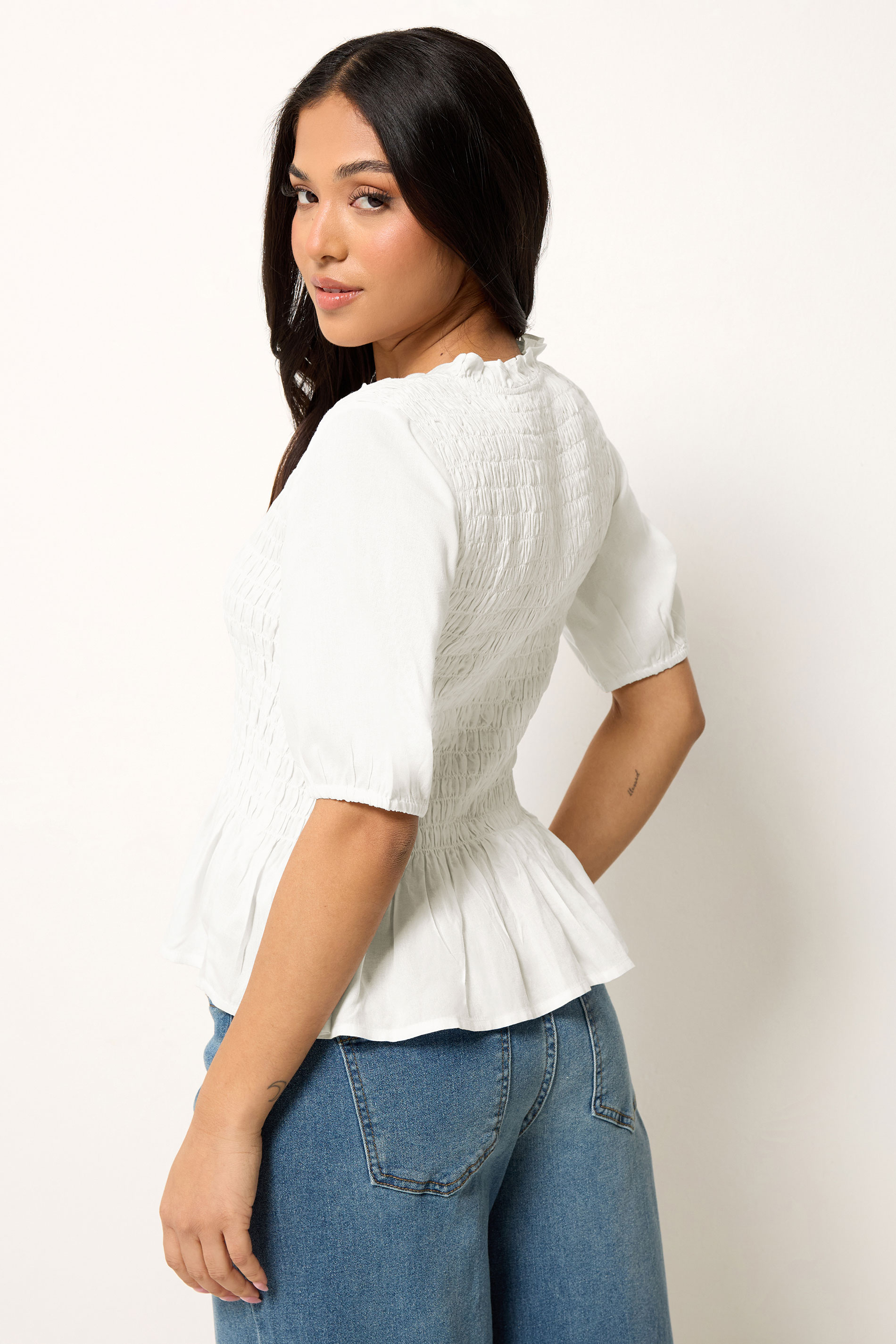 PixieGirl Petite Women's White Shirred Button Shirt | PixieGirl 2