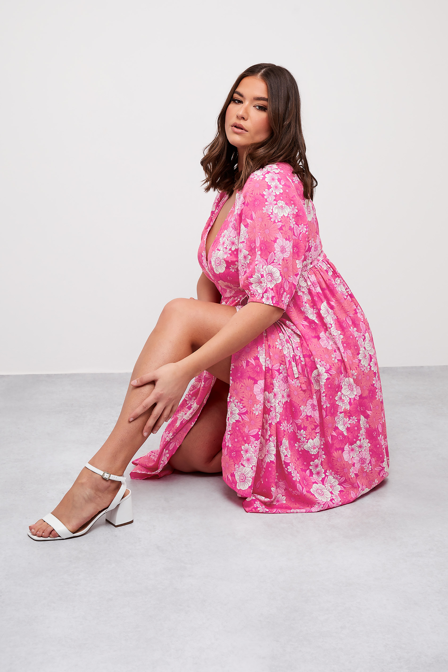 LIMITED COLLECTION Curve Plus Size Pink Floral Wrap Midaxi Dress | Yours Clothing  1