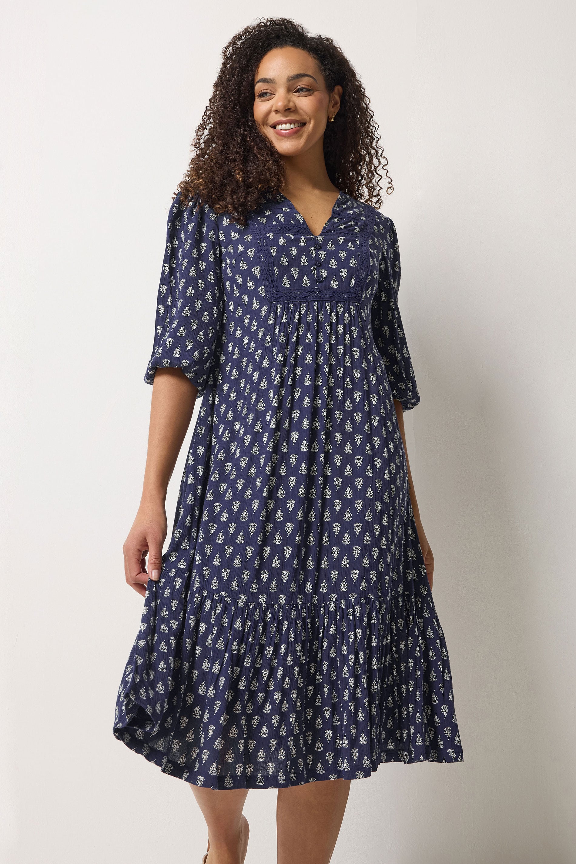 M&Co Navy Blue Aztec Print Tiered Midi Dress | M&Co 3