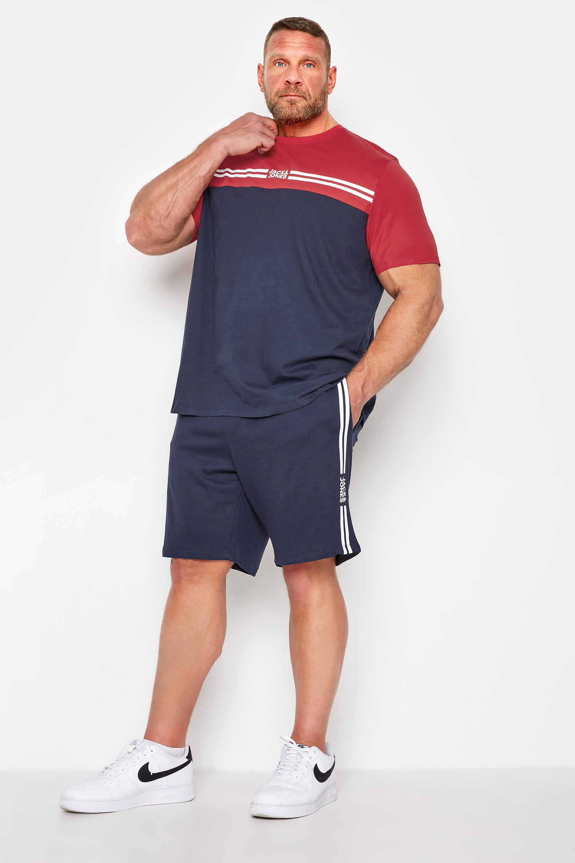 JACK & JONES Big & Tall Navy Blue & Red Steve T-Shirt & Shorts Set 1