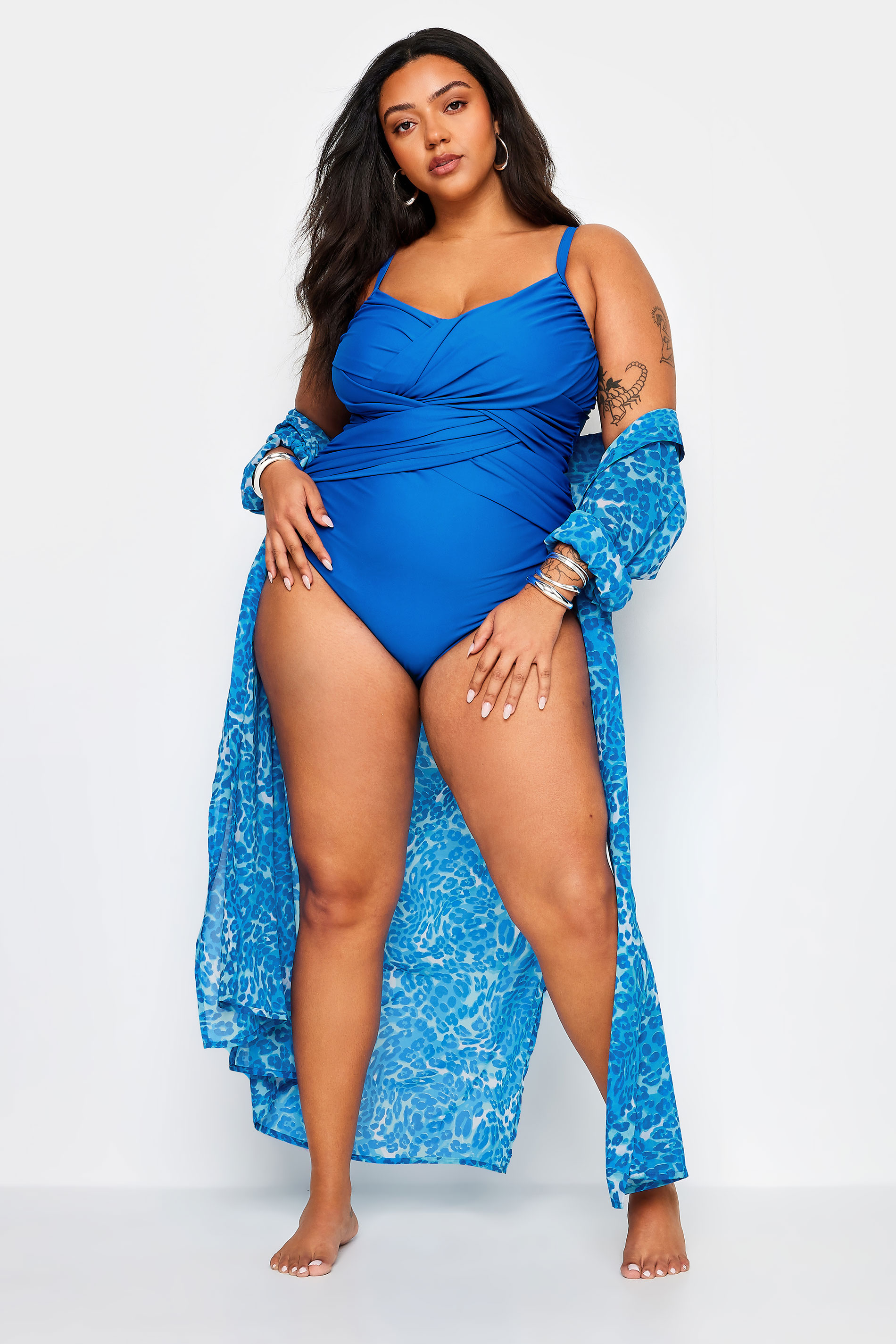 YOURS Plus Size Blue Double Crossover Tummy Control Swimsuit | Yours Clothing 3