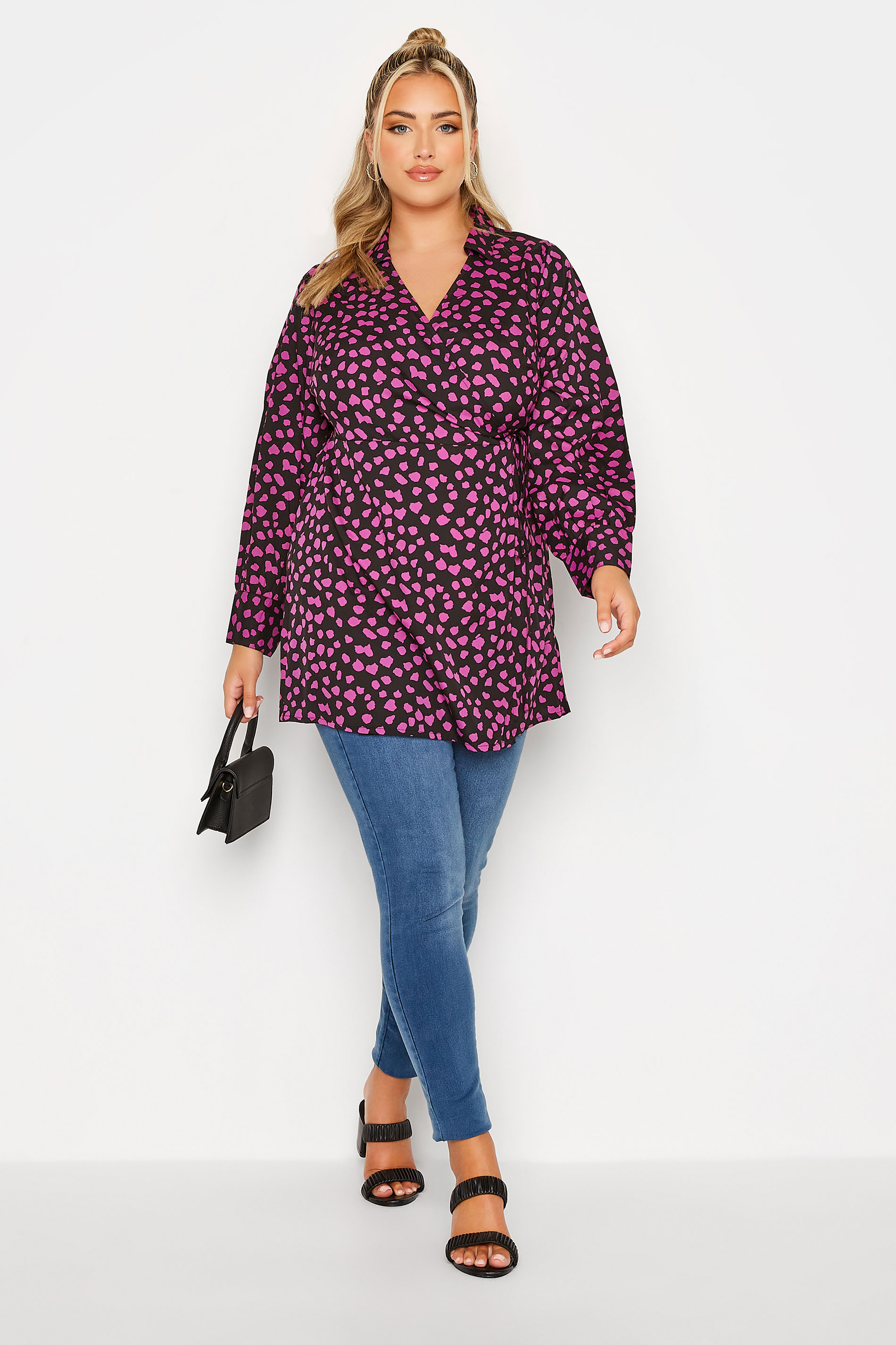 LIMITED COLLECTION Plus Size Black & Pink Dalmatian Print Collar Wrap Top | Yours Clothing 2