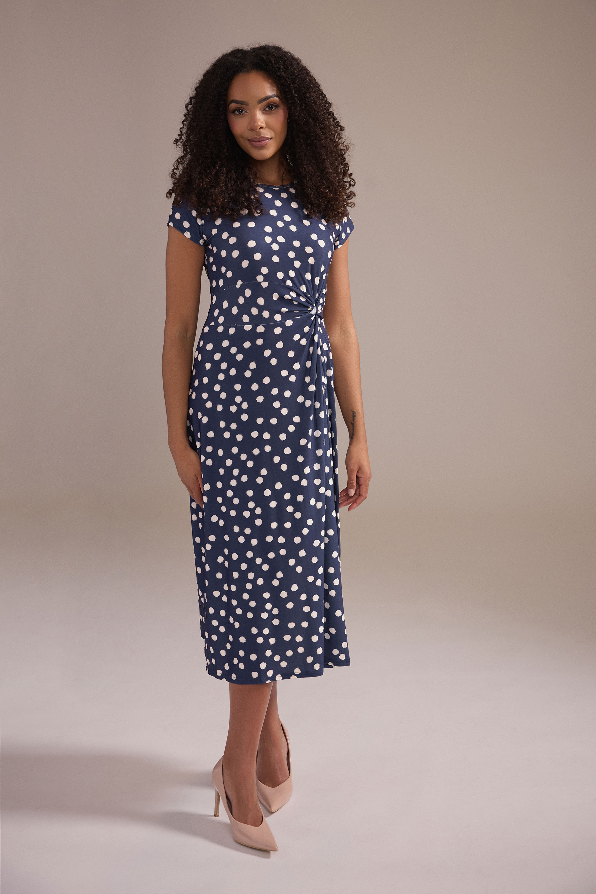 M&Co Navy Blue Polka Dot Side Twist Midi Dress | M&Co 1