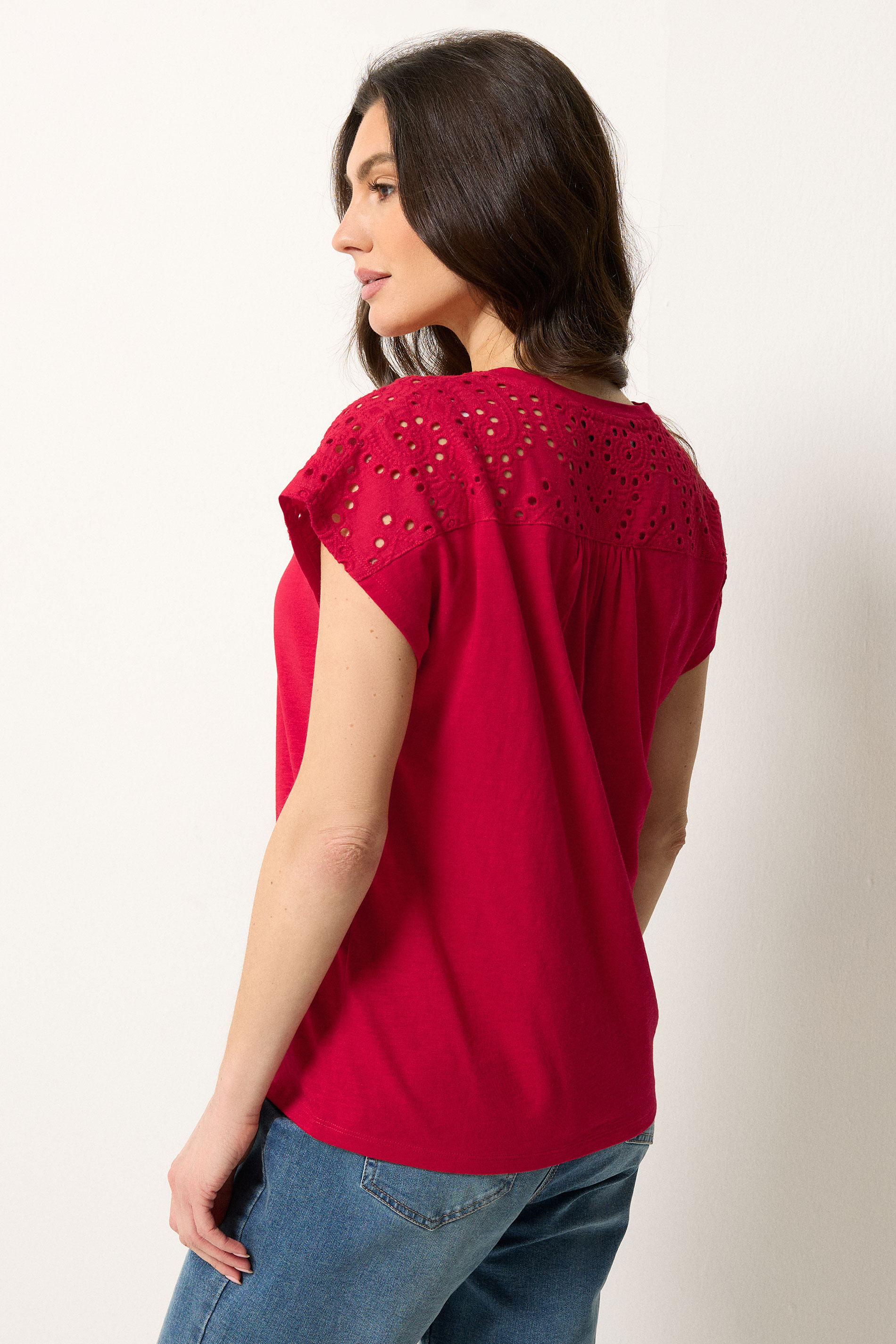 M&Co Red Broderie V-Neck Cotton T-Shirt | M&Co  2
