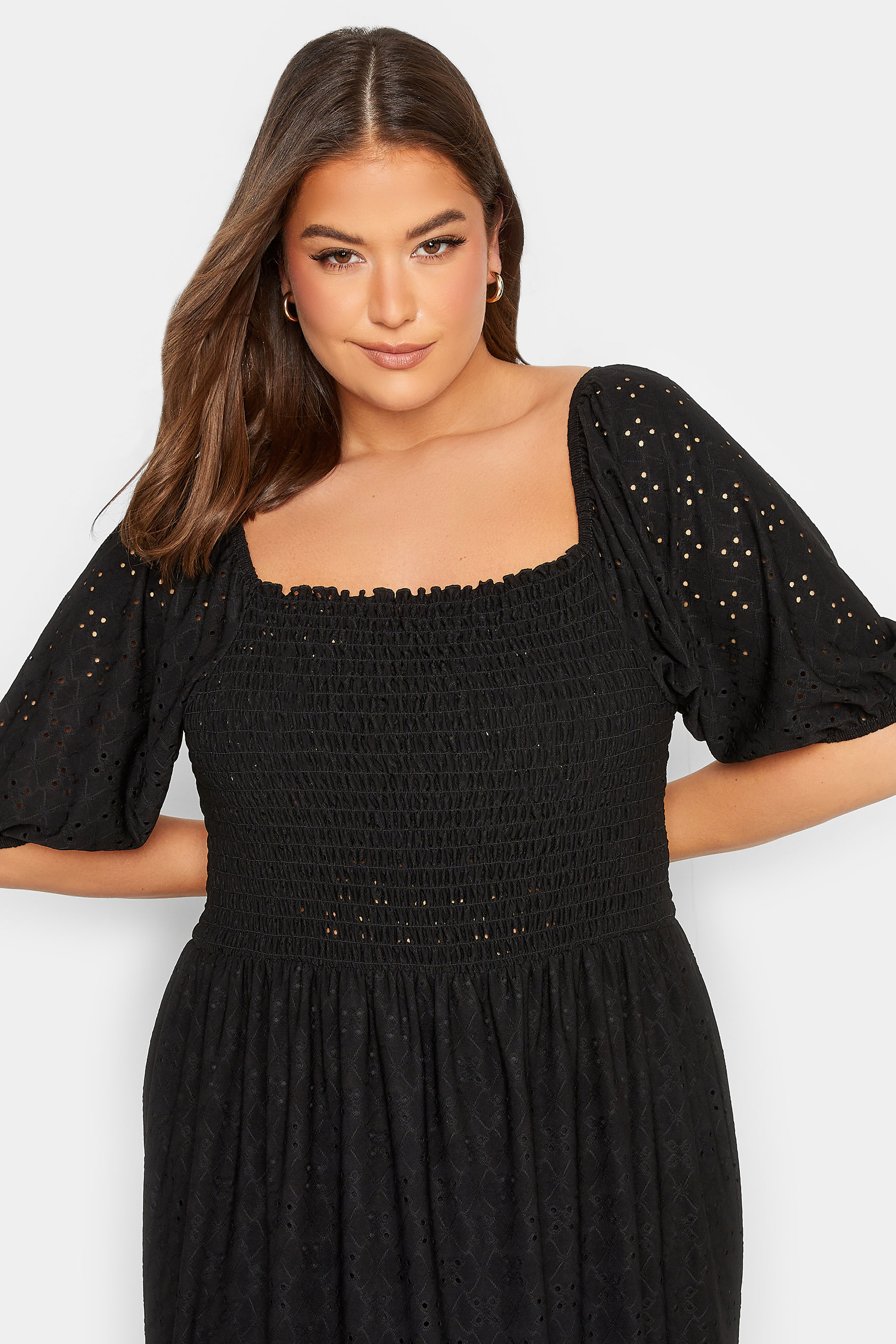 YOURS Curve Plus Size Black Shirred Midaxi Dress | Yours Clothing