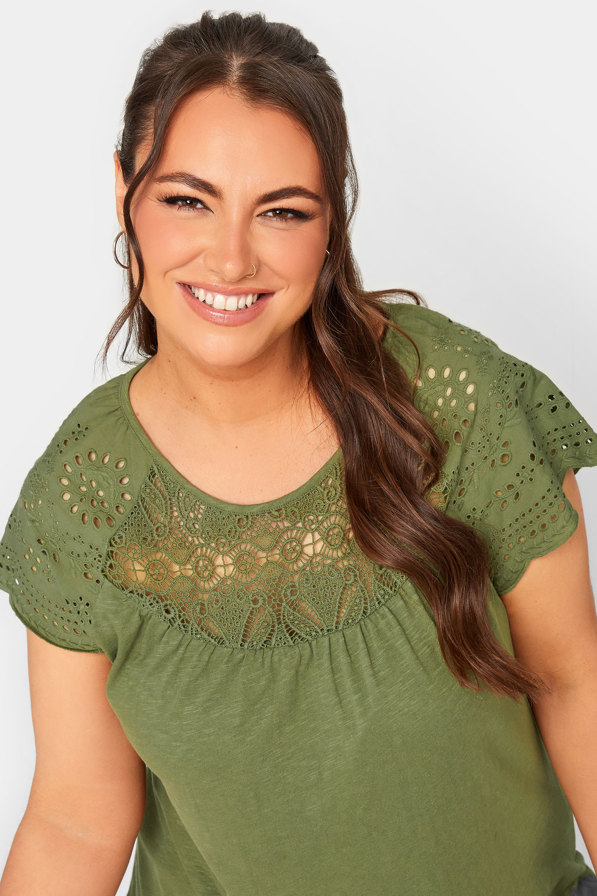YOURS Plus Size Khaki Green Crochet Lace Top | Yours Clothing