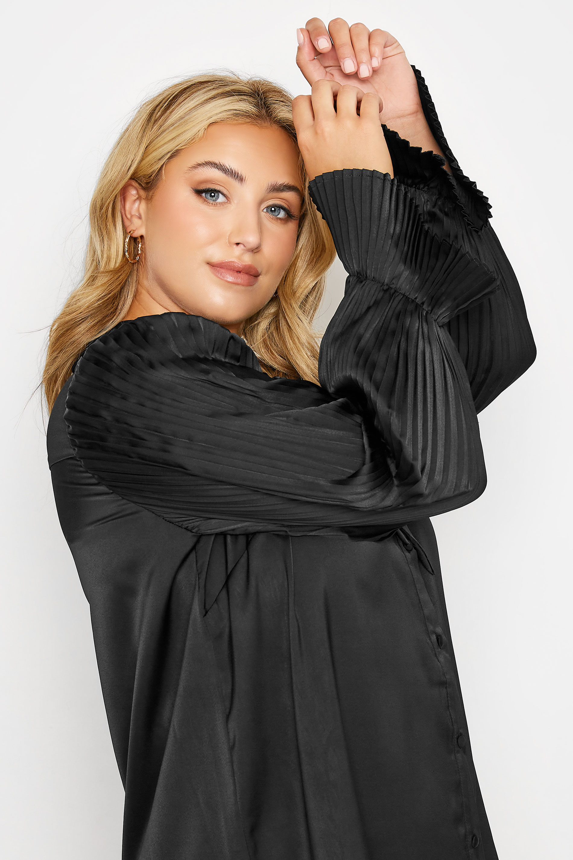 Yours London Plus Size Black Satin Pleated Bow Blouse Yours Clothing
