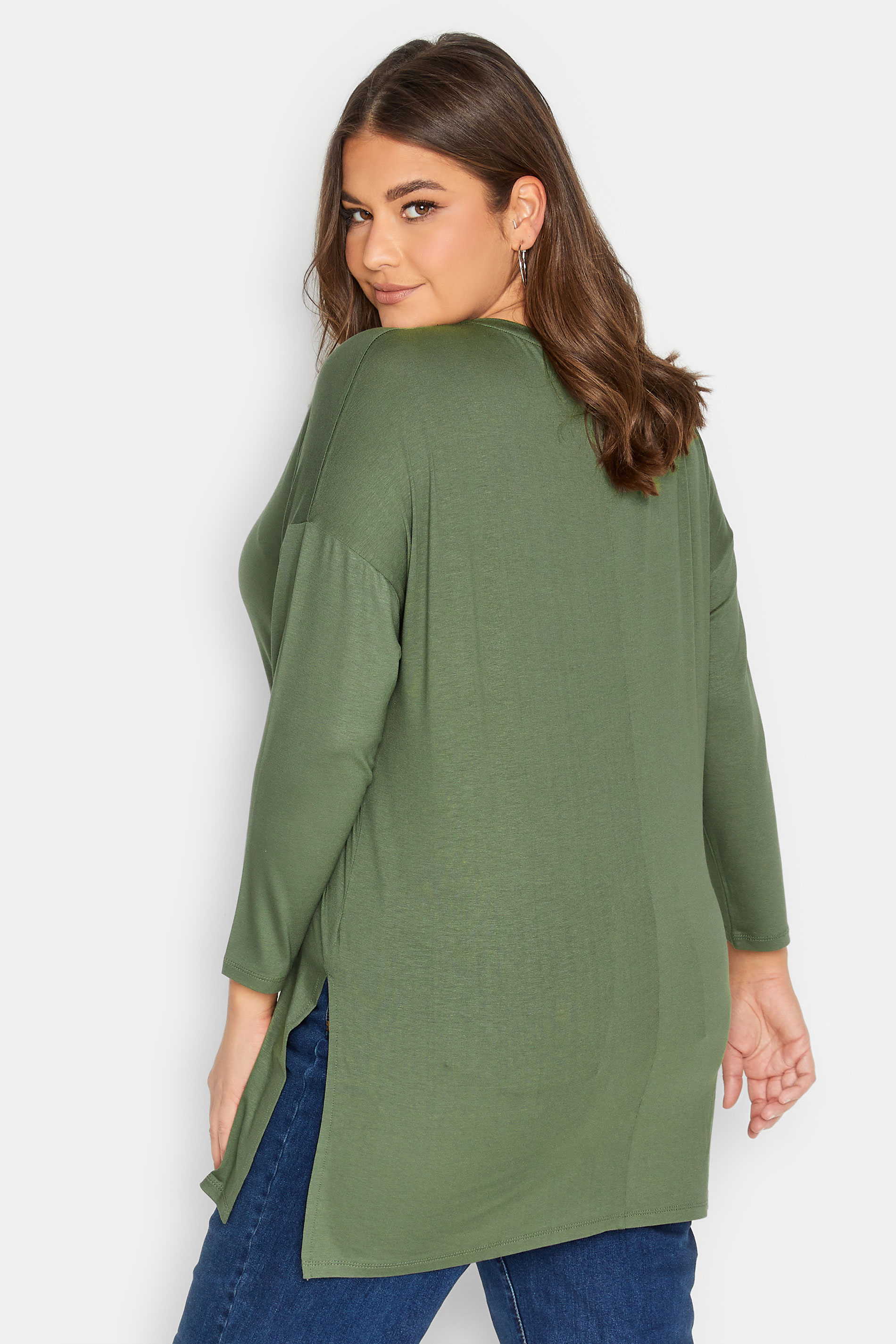 YOURS Plus Size Khaki Green Side Split Oversized T-Shirt | Yours Clothing  3