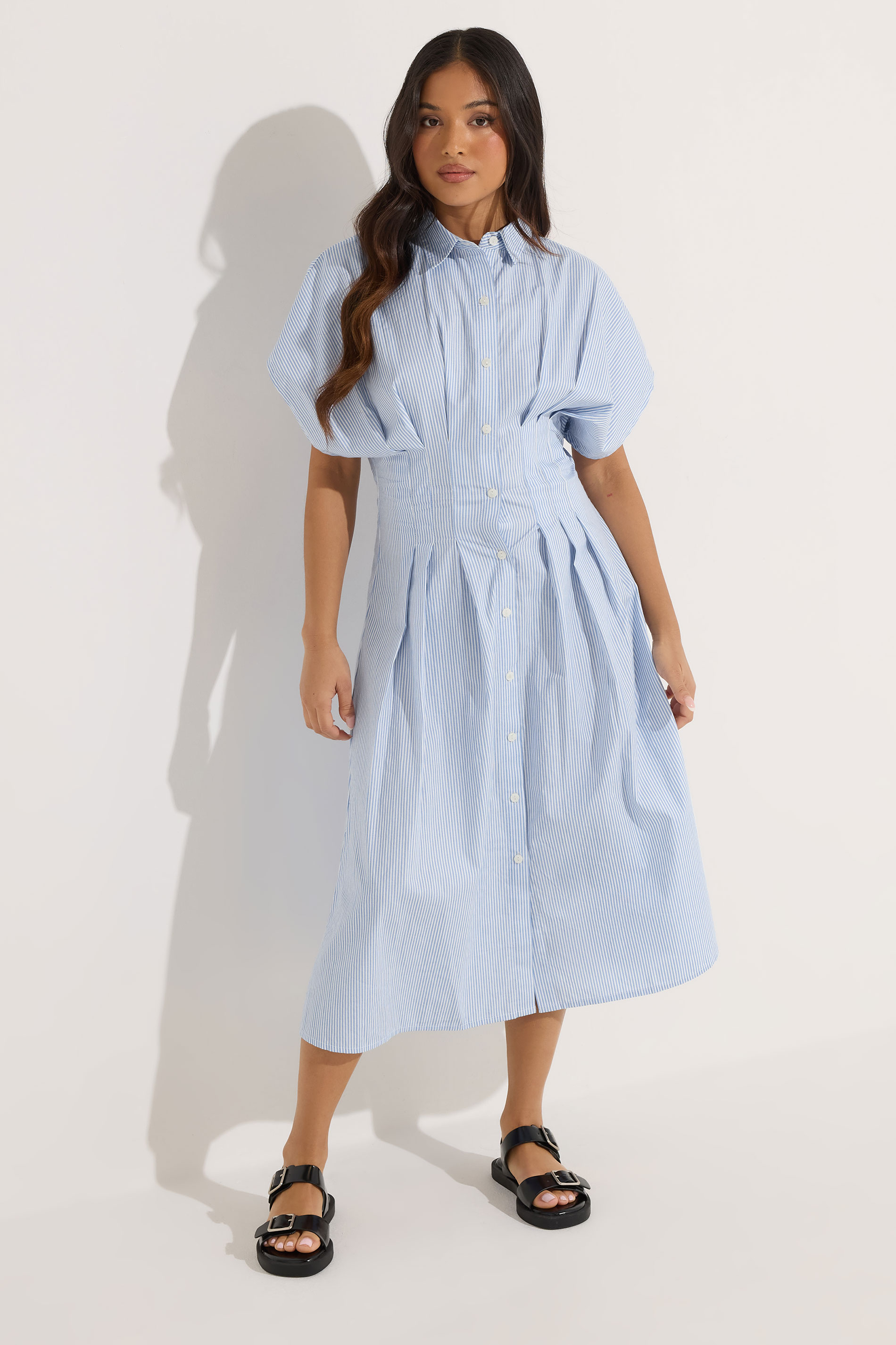 PixieGirl Petite Women's Blue Stripe Shirt Maxi Dress | PixieGirl 1