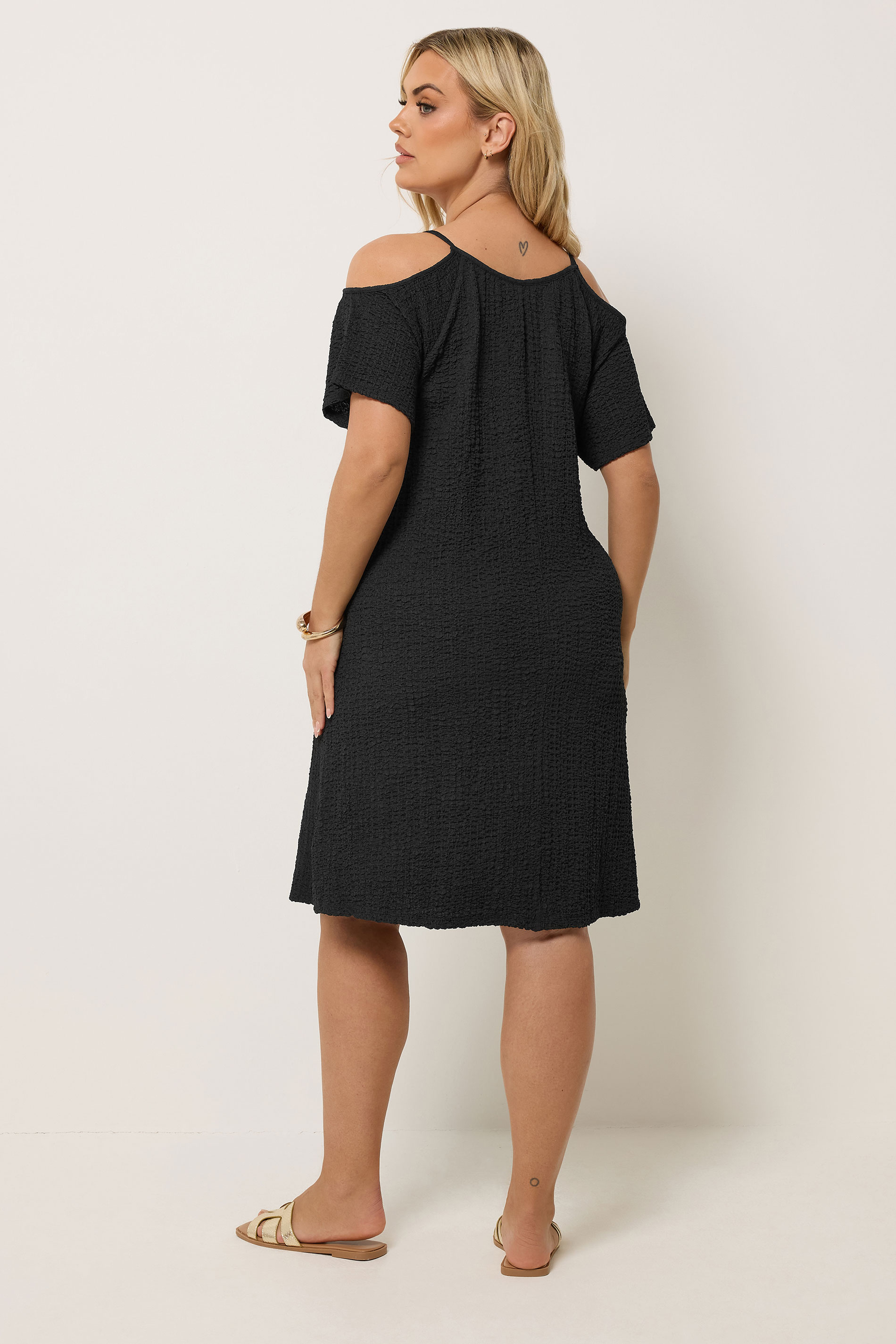 YOURS Plus Size Black Texture Cold Shoulder Dress | Yours Clothing 2