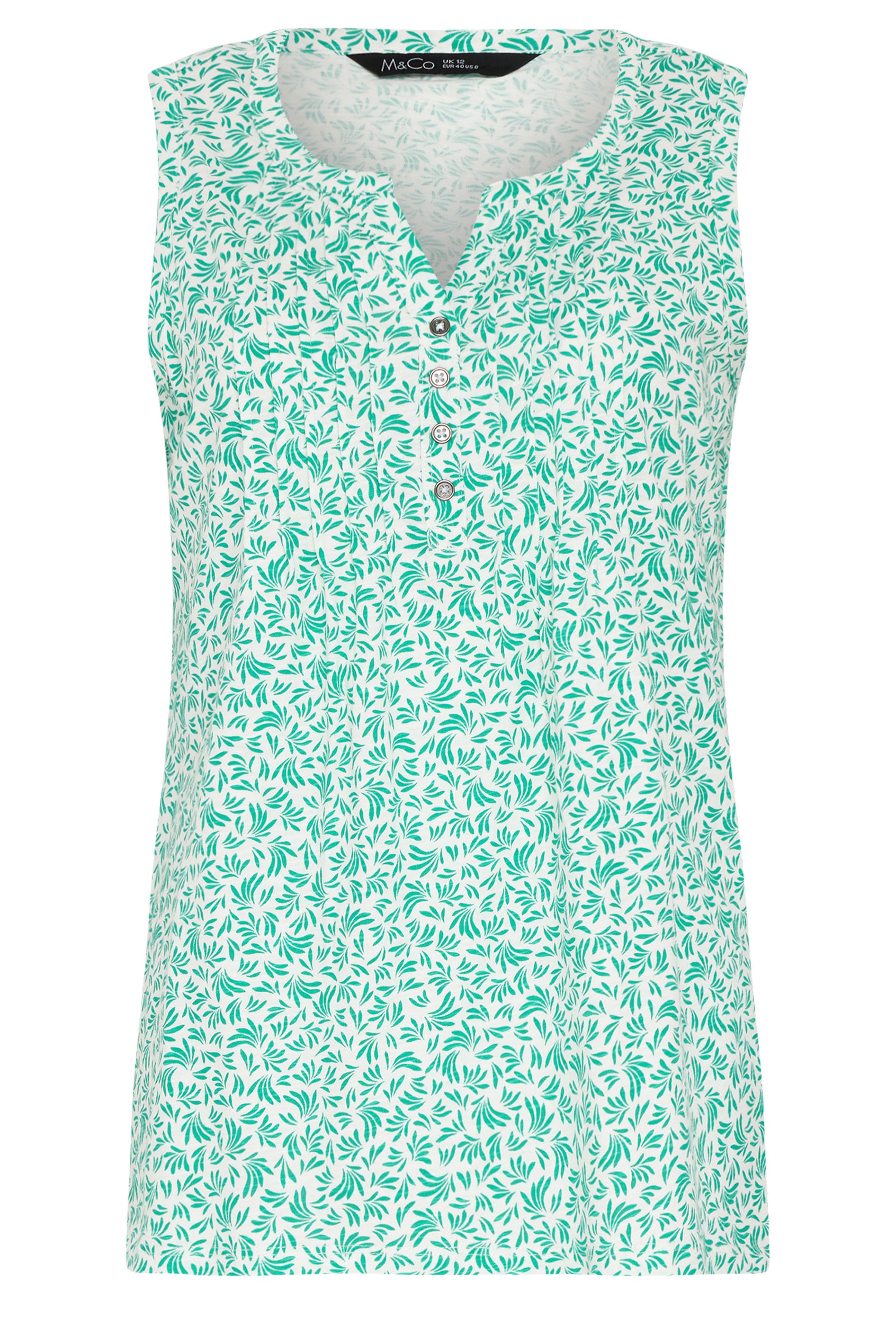 M&Co White & Green Leaf Print Cotton Sleeveless Henley Top  5