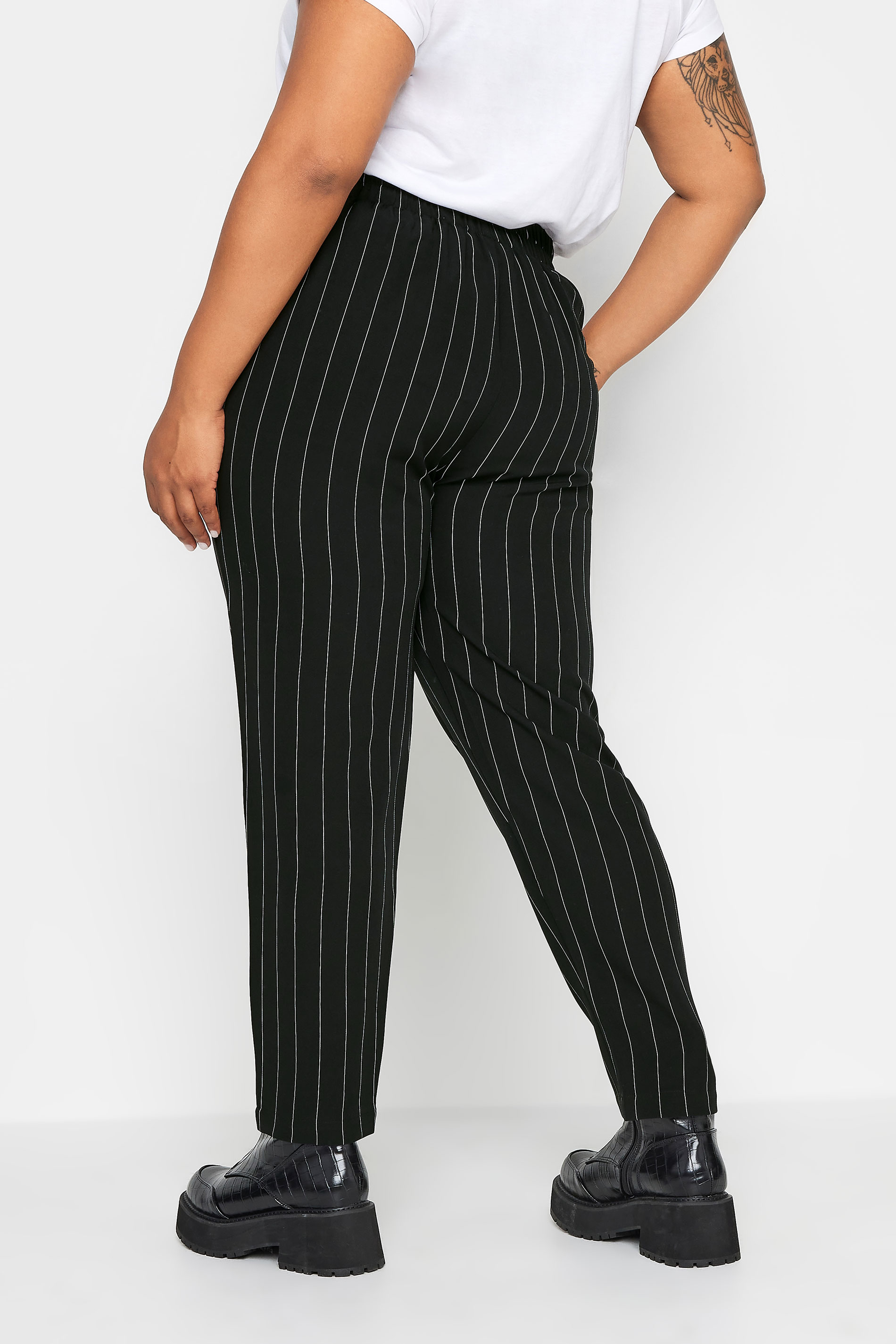 YOURS Plus Size Black Stripe Print Darted Waist Tapered Trousers | Yours Clothing 3