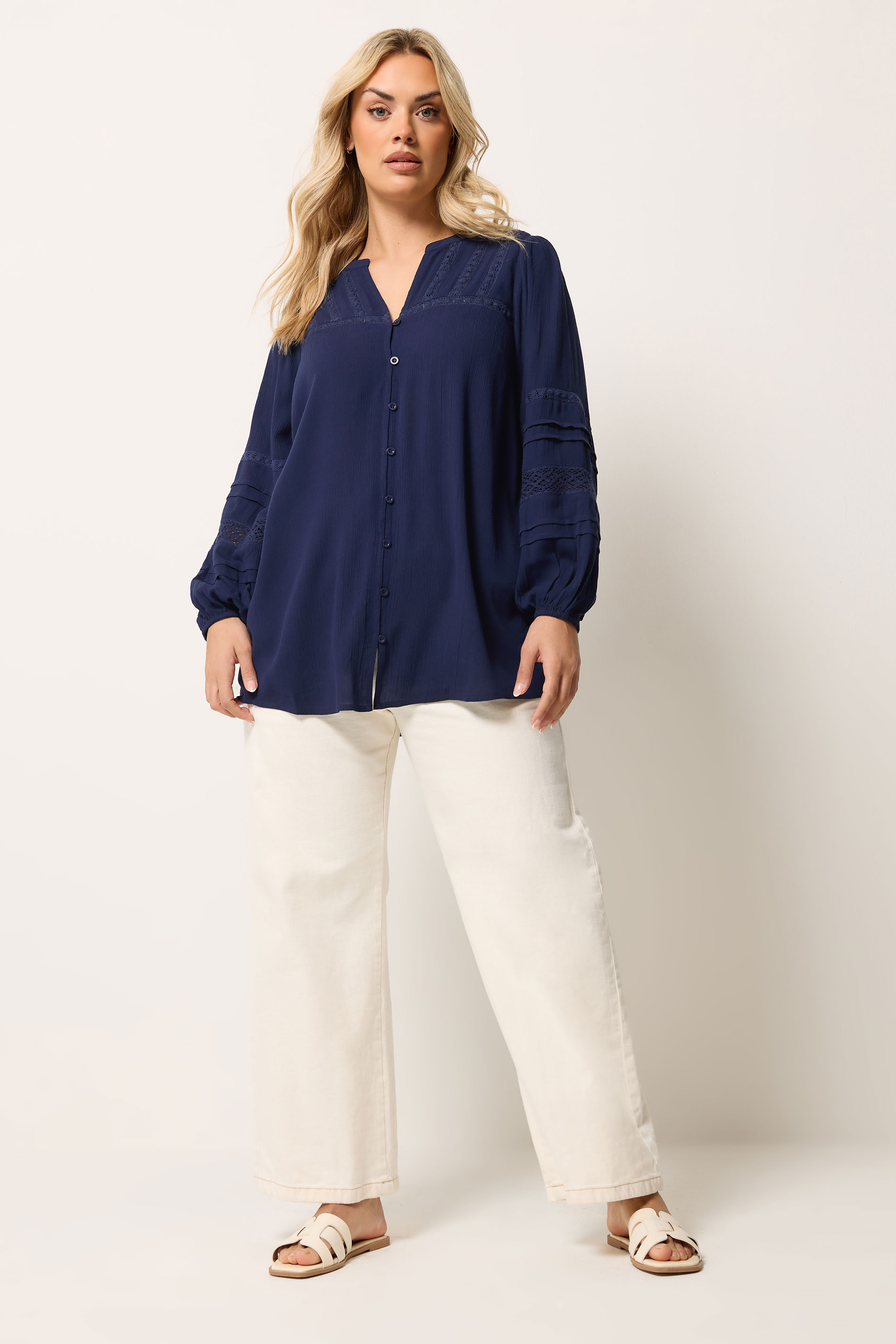 YOURS Curve Navy Blue Notch Neck Crochet Blouse | Yours Clothing  1