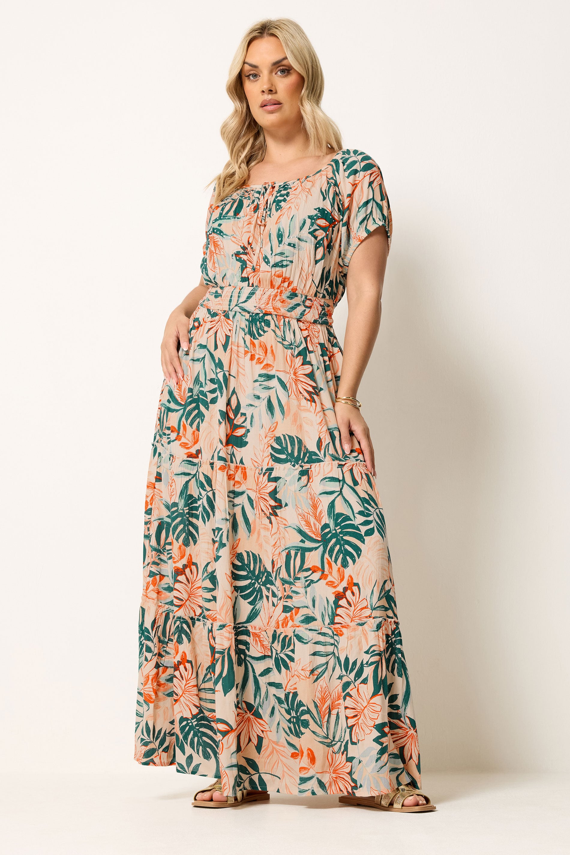 YOURS Plus Size Cream Leaf Tie Neck Bardot Maxi Dress | Yours Clothing 3