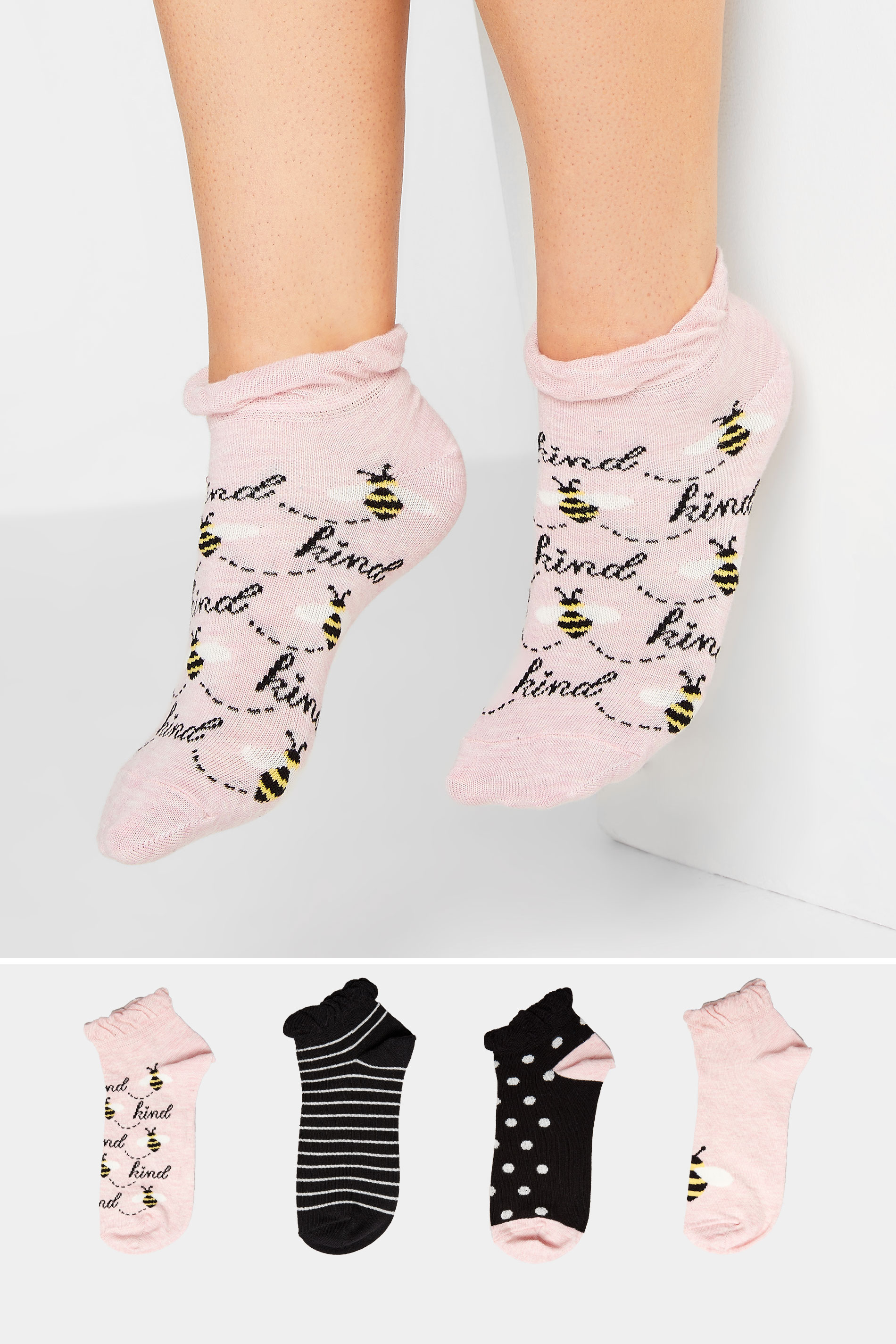 4 PACK Black & Pink 'Bee Kind' Printed Trainer Liner Socks | Yours Clothing 1