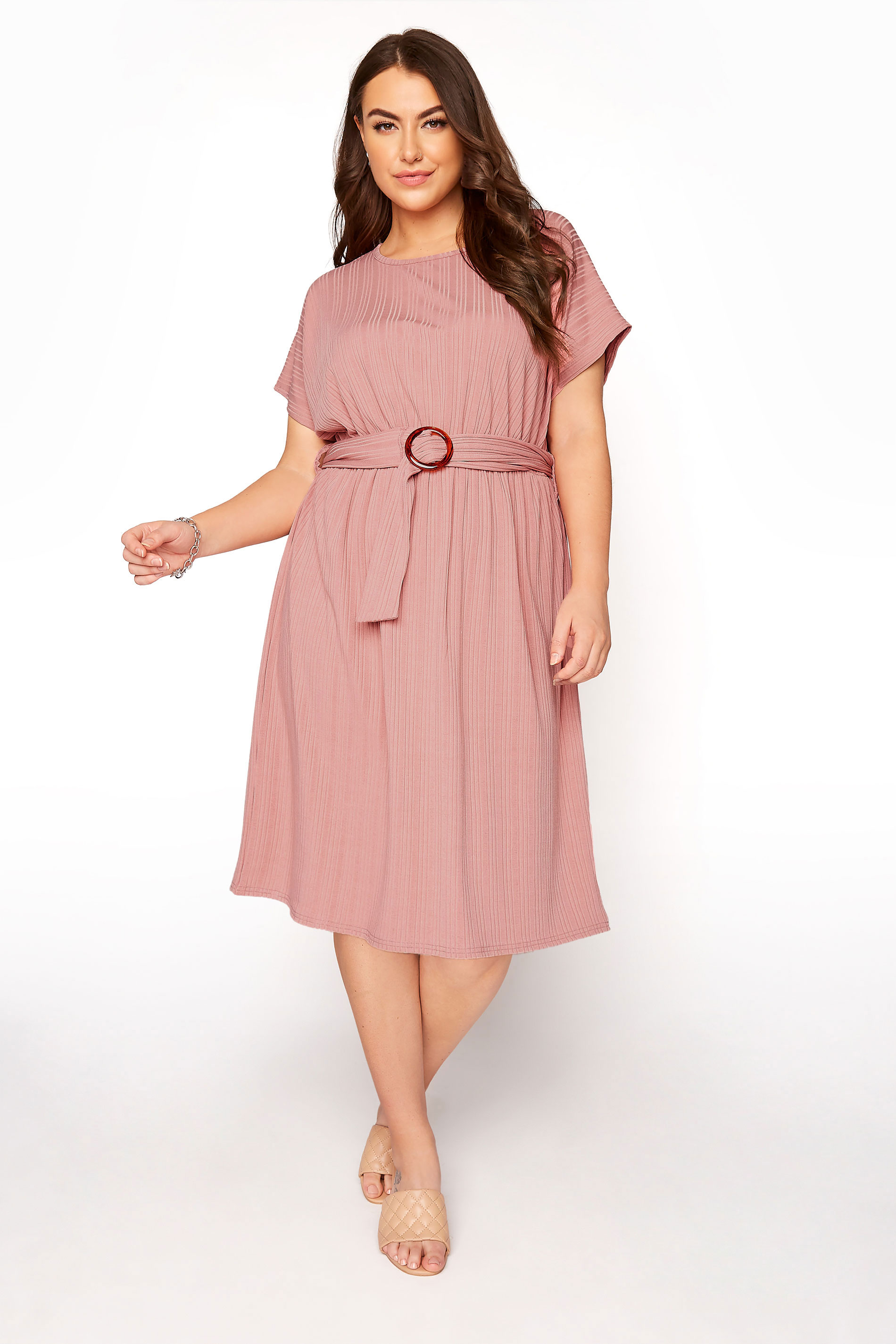YOURS LONDON Pink Ribbed Belted Dress_A.jpg