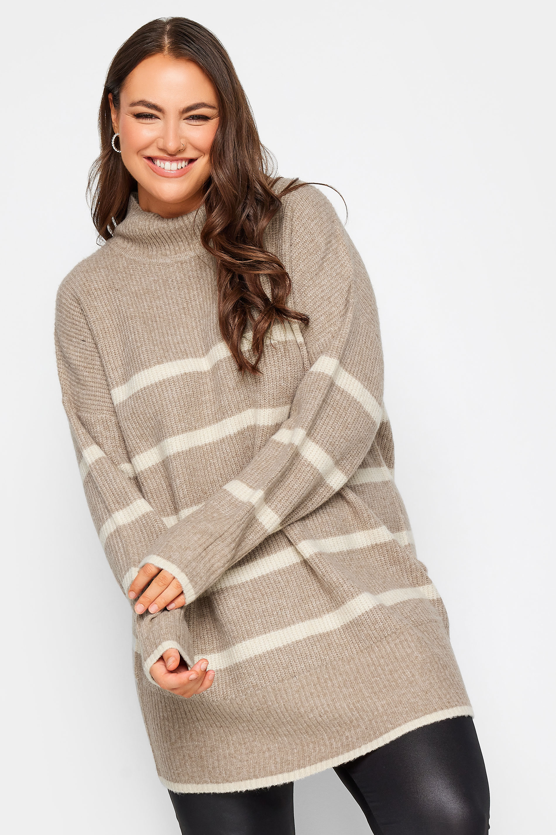 YOURS Curve Plus Size Beige Brown Stripe High Neck Knitted Jumper 1