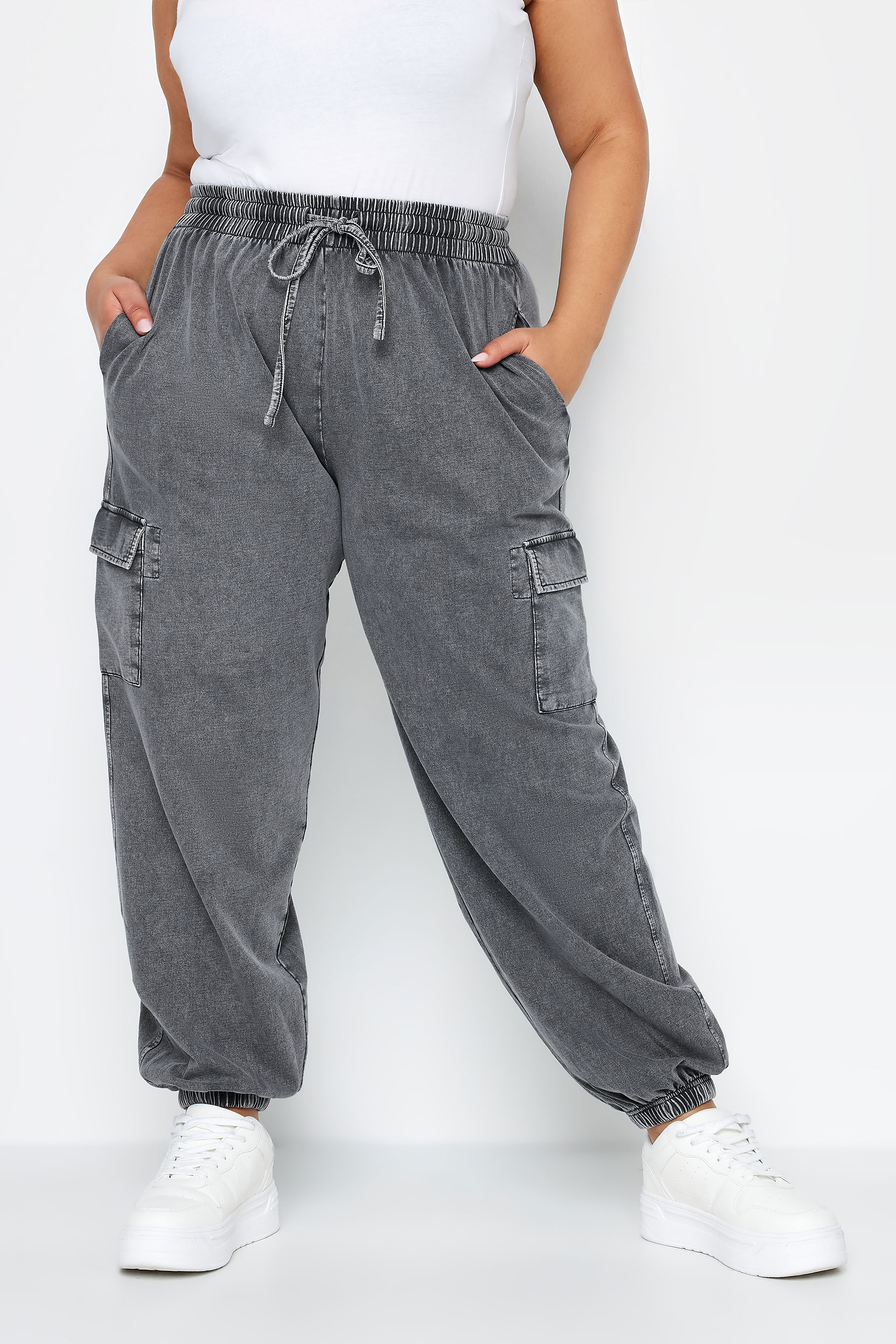 LIMITED COLLECTION Plus Size Grey Acid Wash Cuffed Cargo Joggers