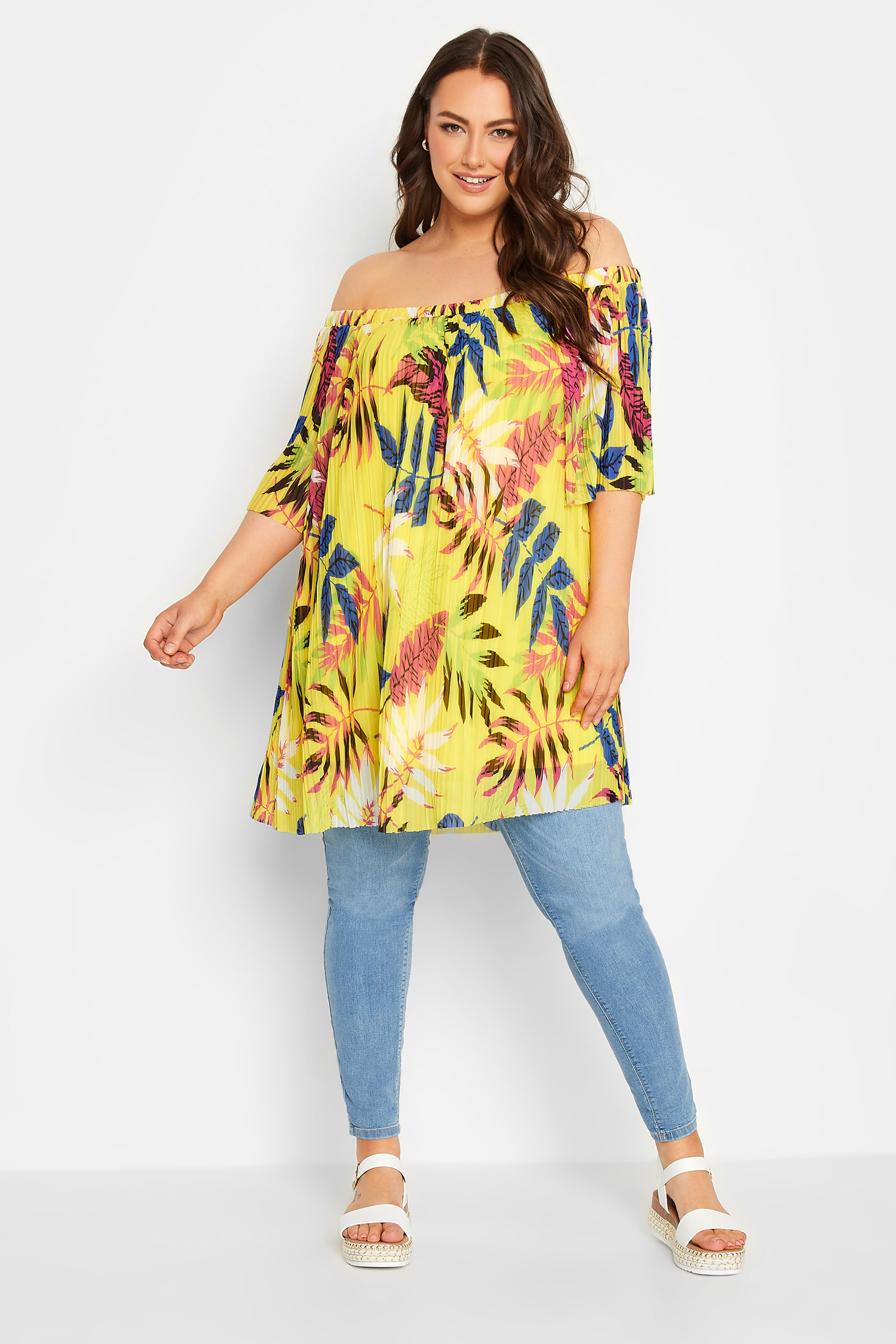 YOURS Curve Plus Size Yellow Tropical Print Double Layer Mesh Top | Yours Clothing  2