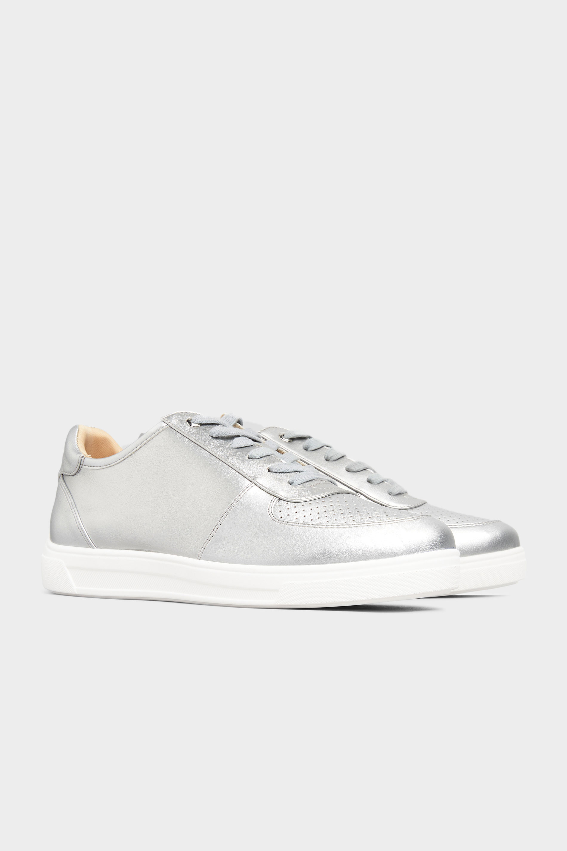 Silver Vegan Leather Lace Up Trainers In Extra Wide EEE Fit_B.jpg