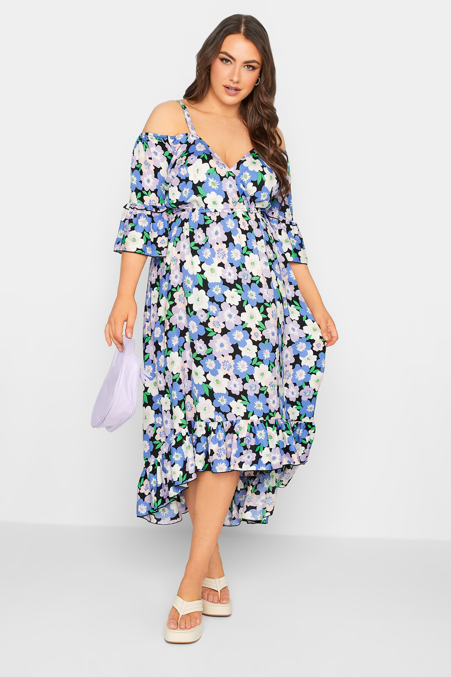 YOURS Plus Size Purple Floral Cold Shoulder Midaxi Dress | Yours Clothing 1