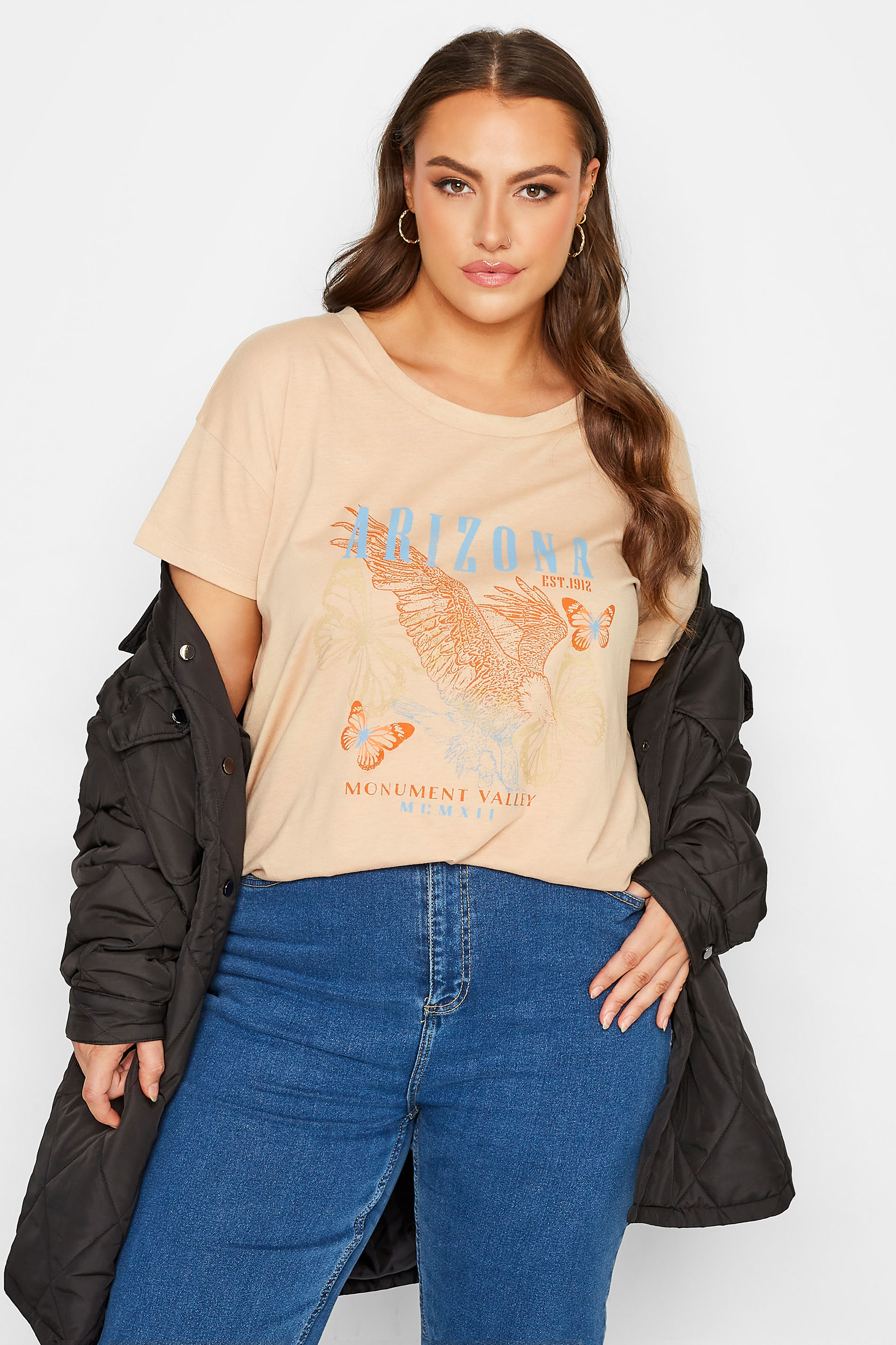 Plus Size Natural Brown 'Arizona' Eagle Print T-Shirt | Yours Clothing 1