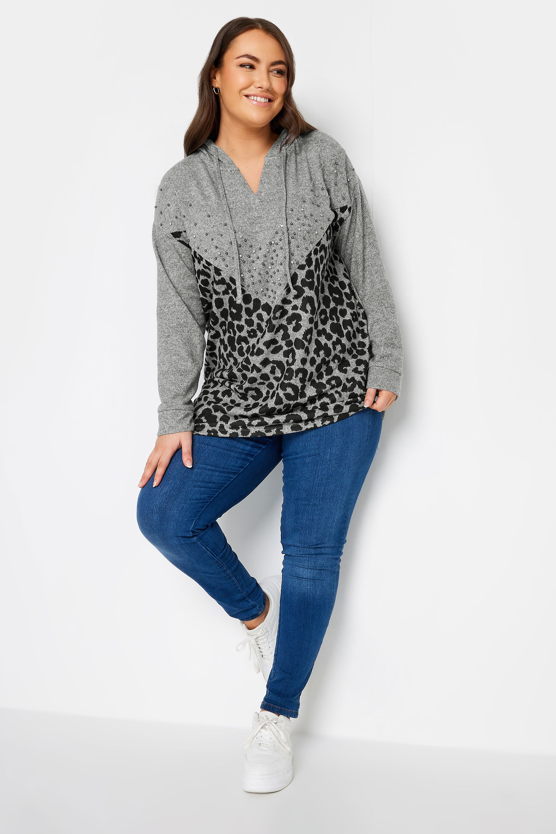 YOURS Plus Size Grey Leopard Print Stud Hoodie | Yours Clothing 2