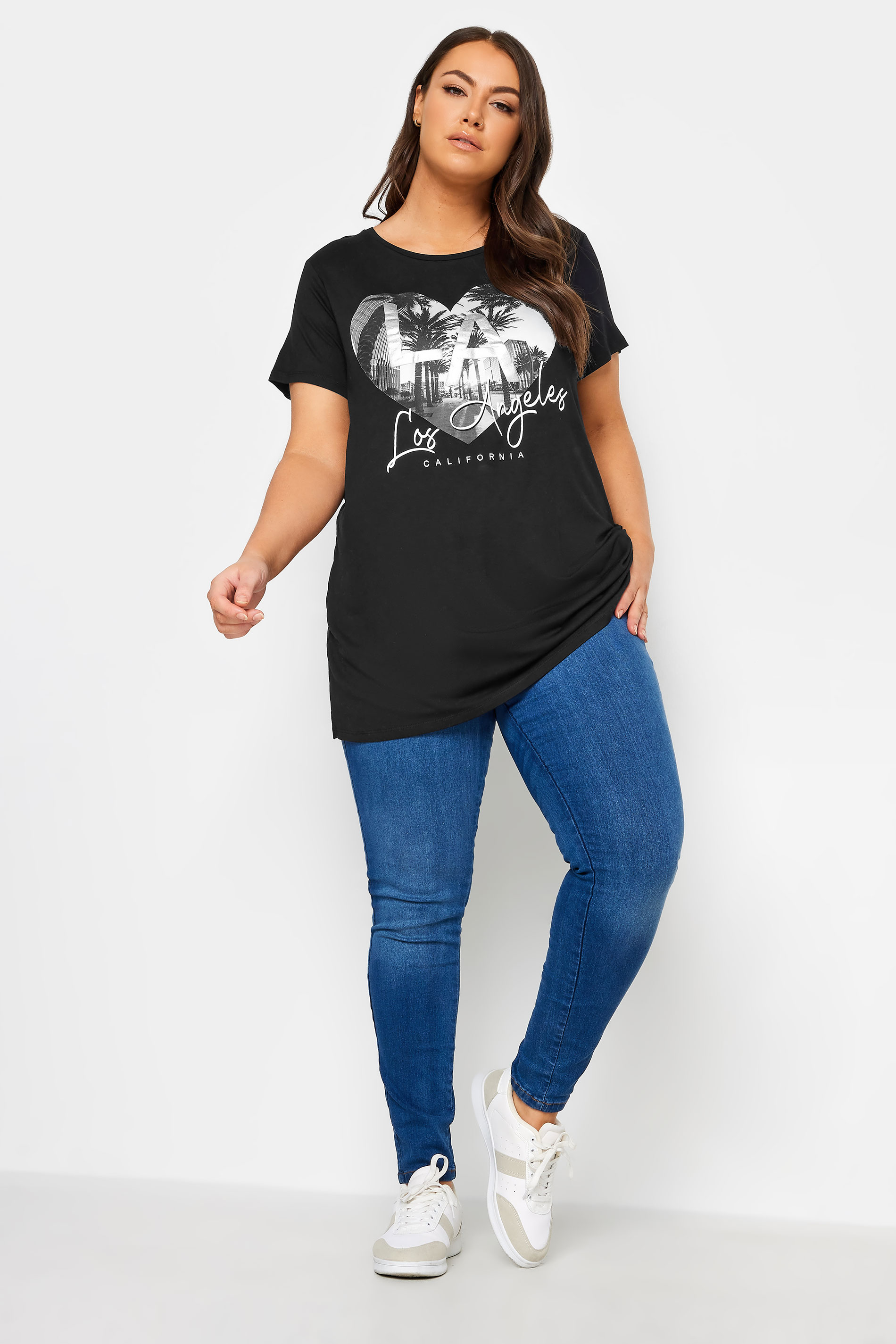 YOURS Plus Size Black Foil Print 'Los Angeles' Slogan T-Shirt | Yours Clothing 2