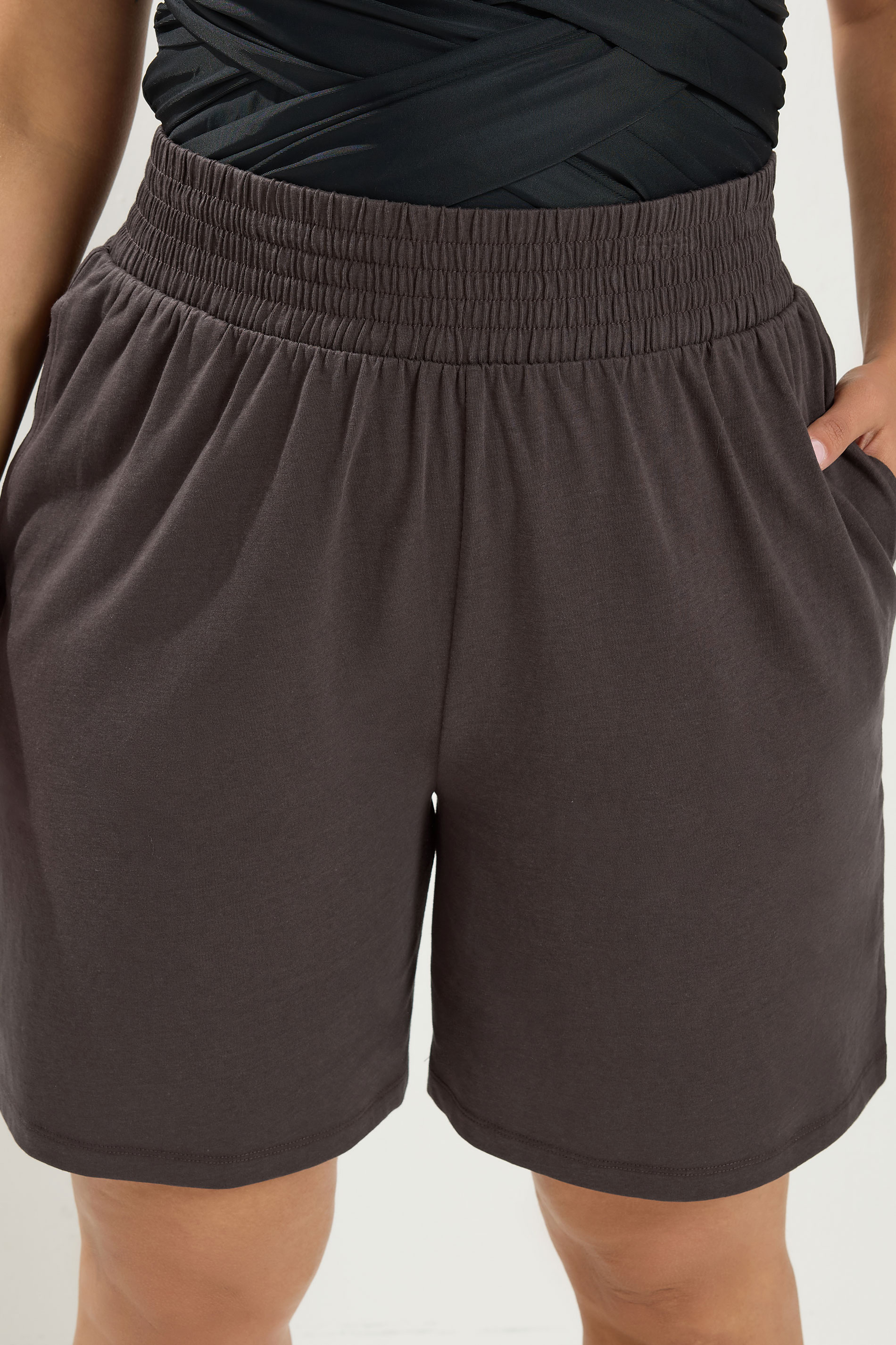 YOURS Plus Size Brown Shirred Waist Shorts | Yours Clothing 6