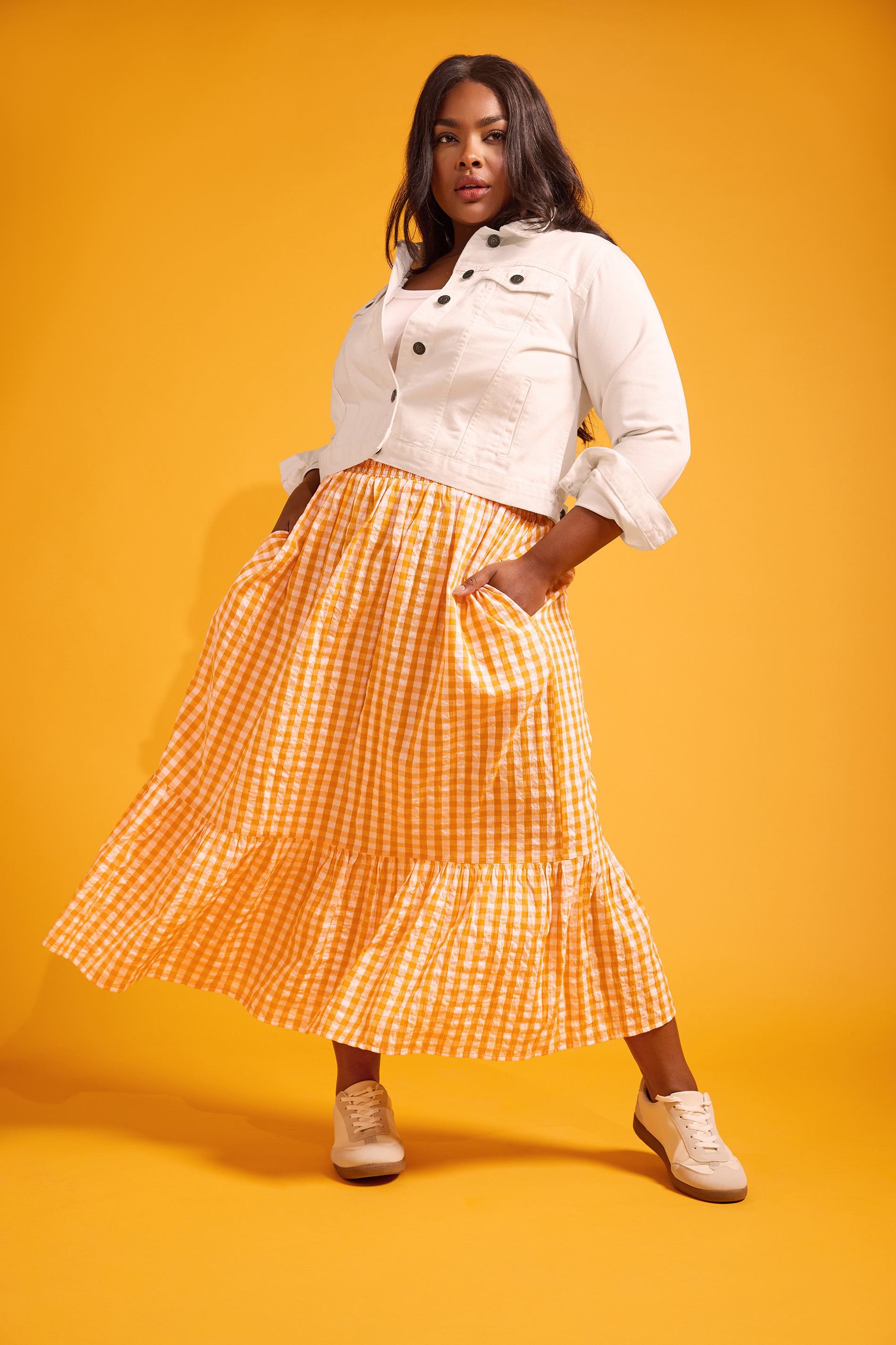YOURS Plus Size Orange Gingham Tiered Pure Cotton Midi Skirt | Yours Clothing 2
