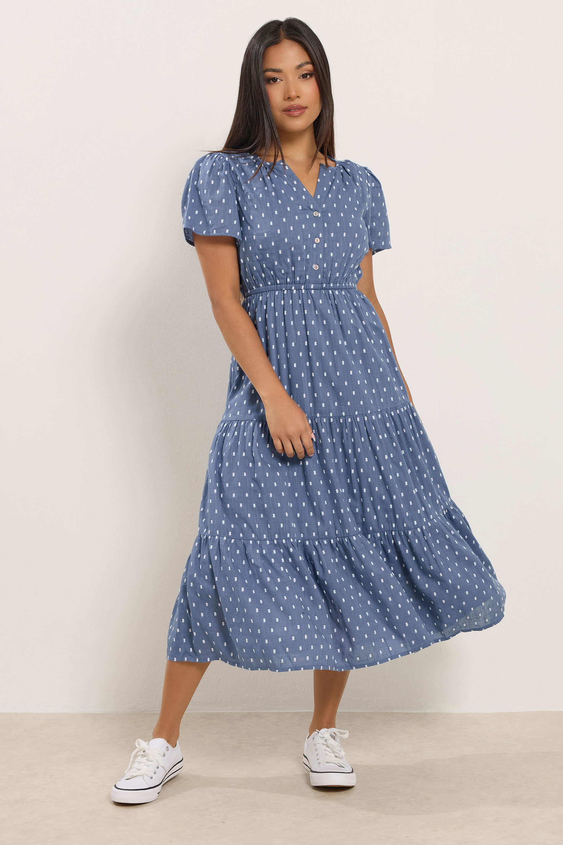 M&Co Petite Blue Dobby Tiered Maxi Dress | M&Co 1