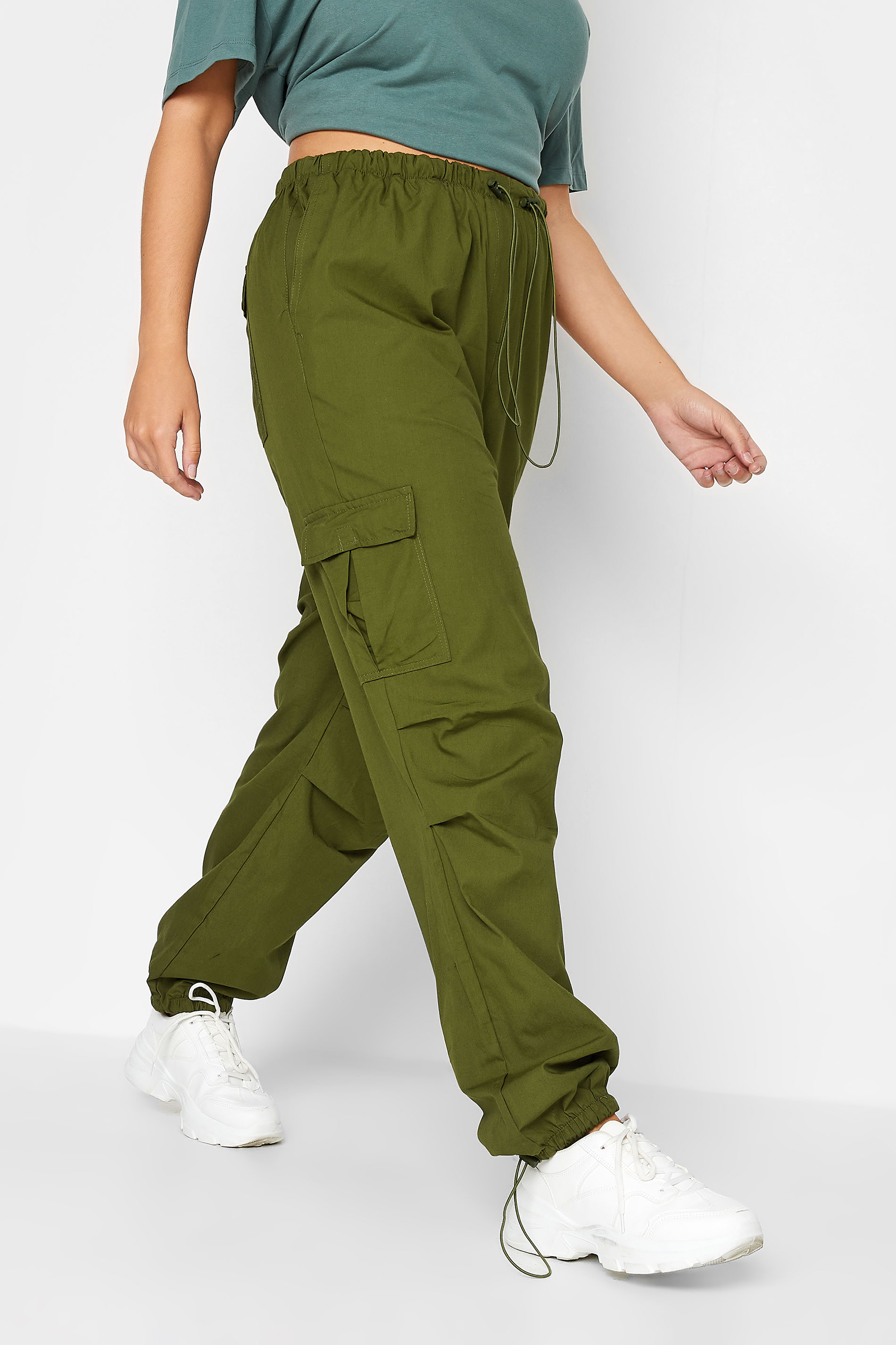 YOURS Curve Plus Size Dark Green Cuffed Cargo Parachute Trousers | Yours Clothing  1
