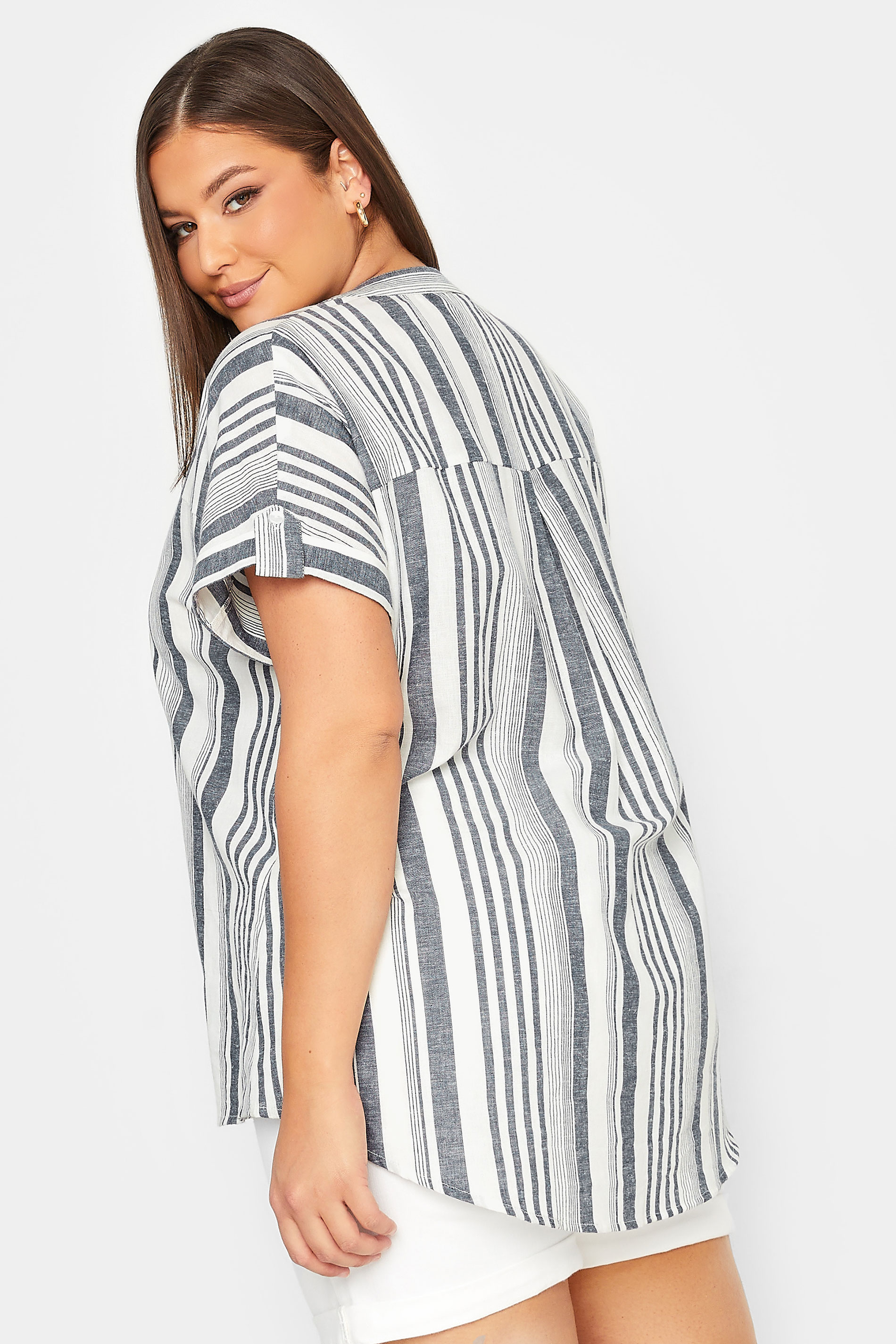 YOURS Plus Size Grey & White Stripe Print Button Through Shirt | Yours Clothing 3