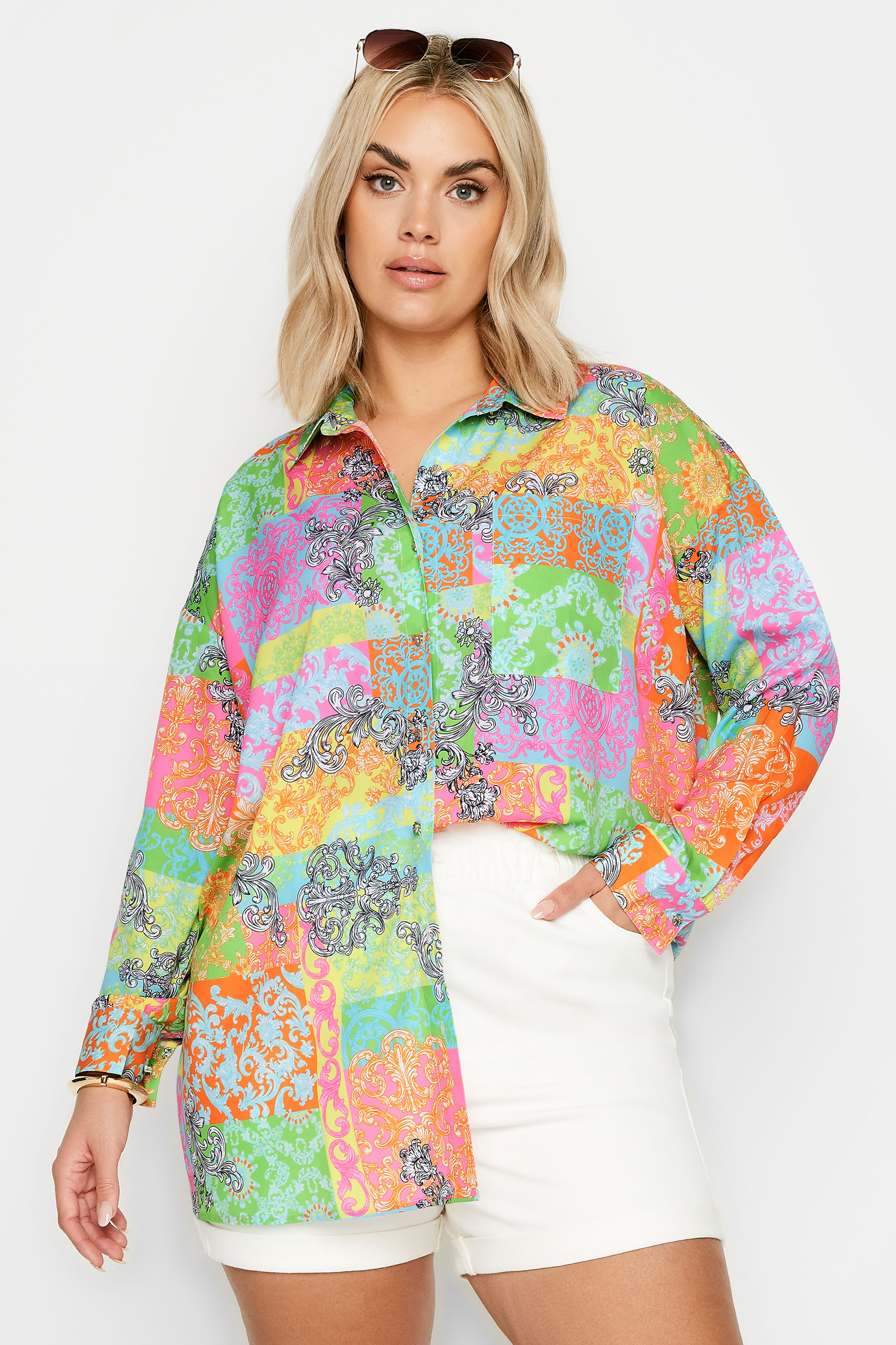 LIMITED COLLECTION Plus Size Green & Orange Scarf Print Boyfriend Shirt | Yours Clothing 2