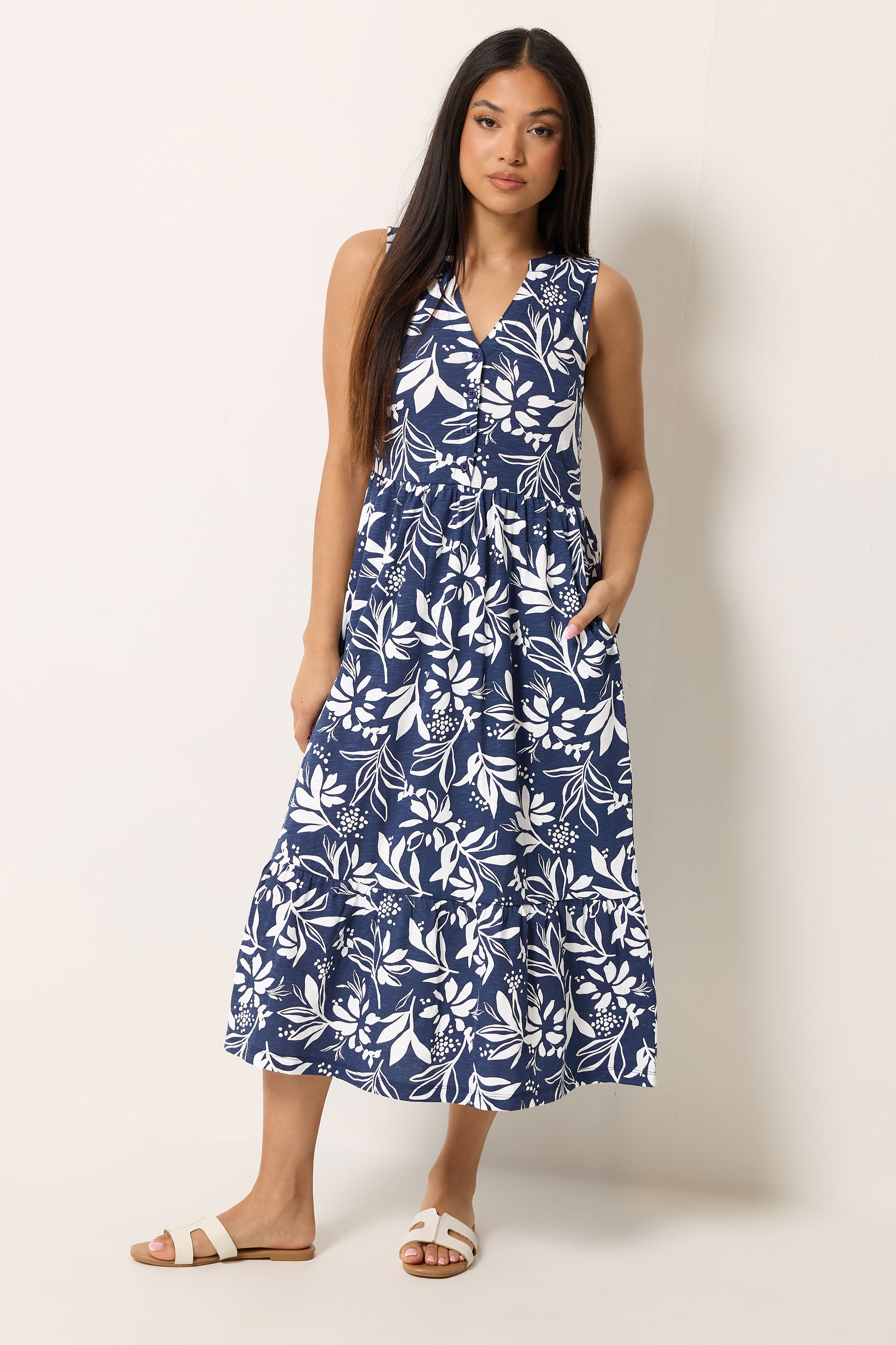 M&Co Petite Navy Blue Leaf Print Sleeveless Cotton Midi Dress | M&Co 1