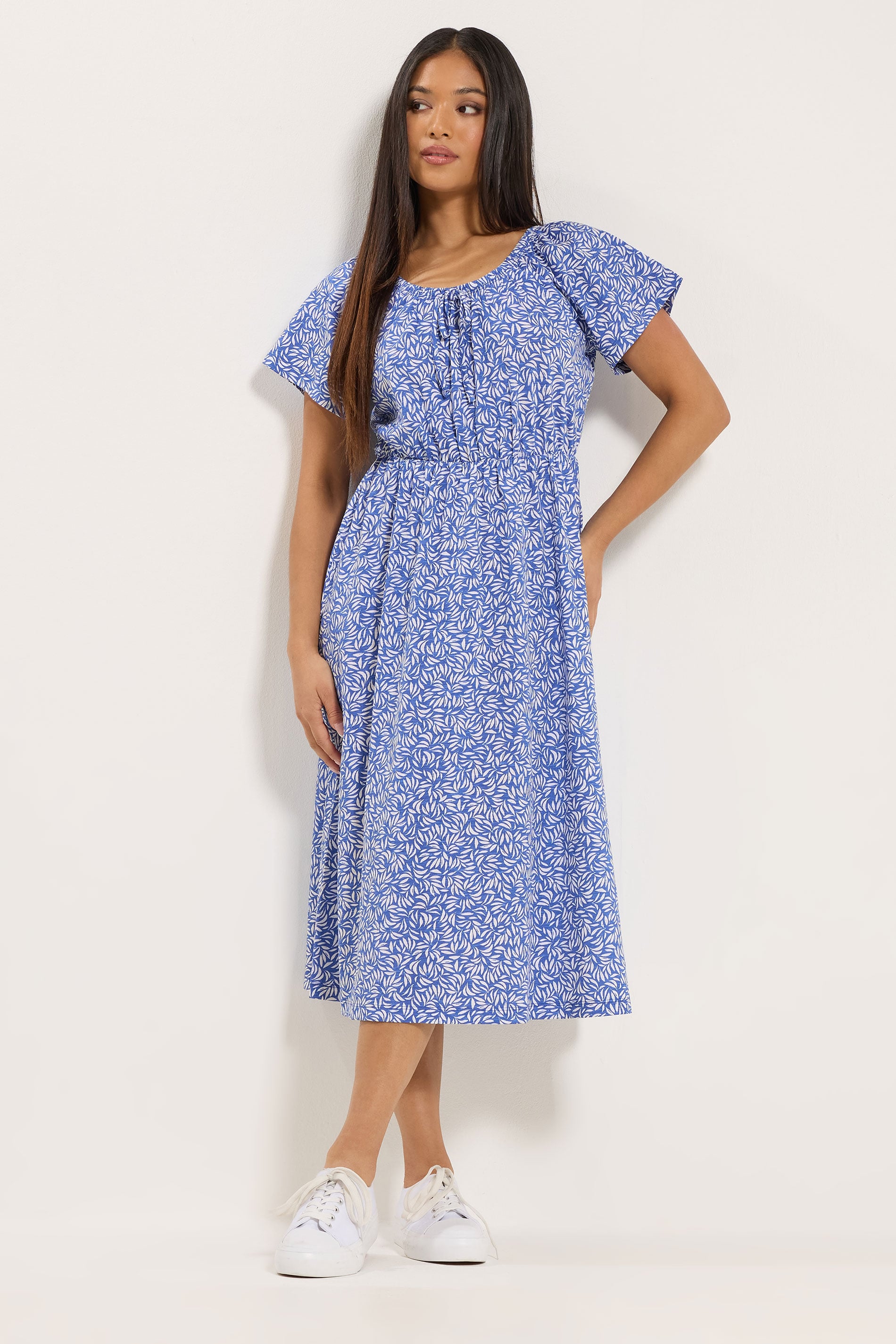 M&Co Petite Blue Leaf Print Tie Neck Cotton Midi Dress | M&Co 3