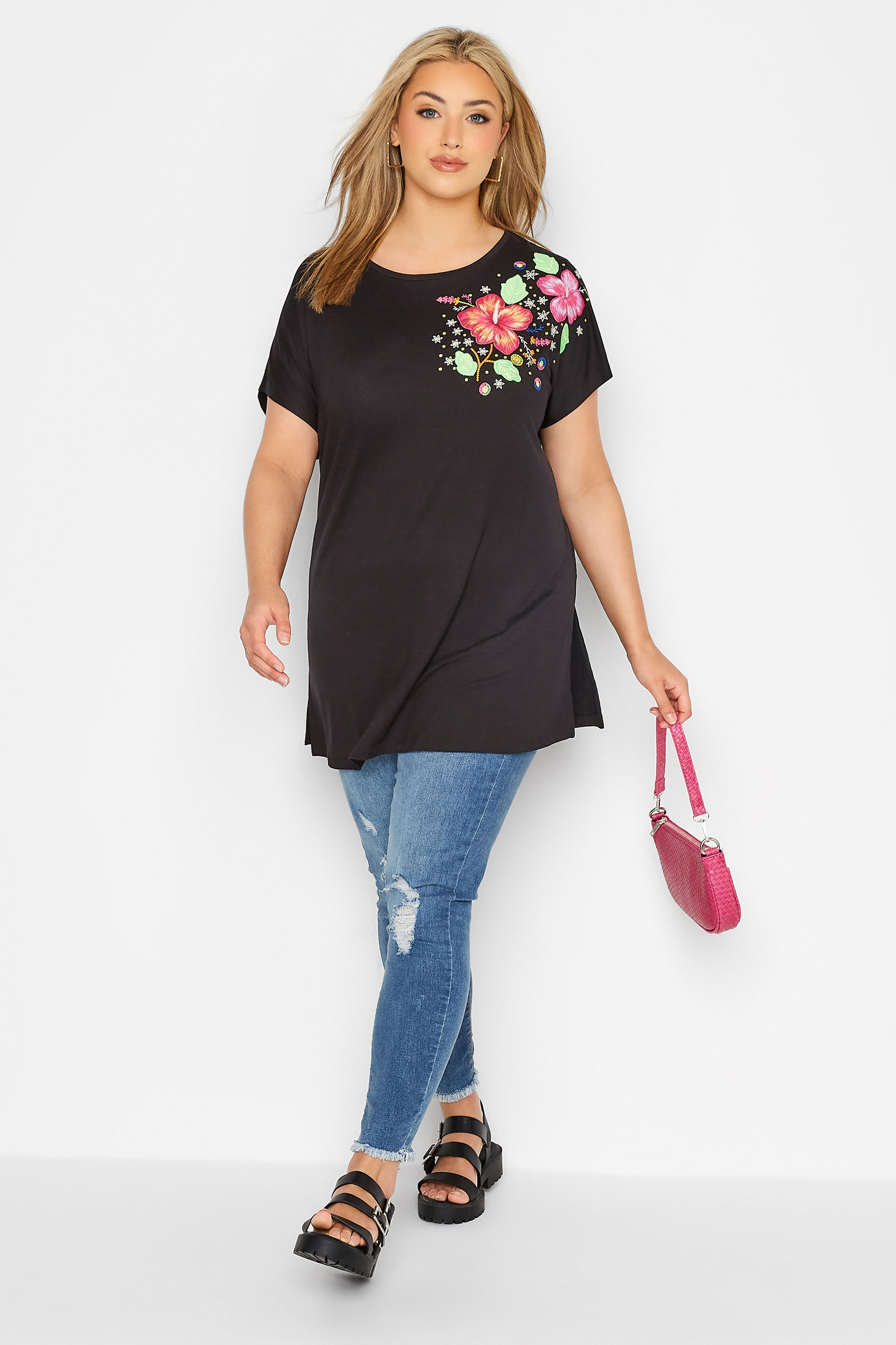 Grande taille  Tops Grande taille  T-Shirts | T-Shirt Noir Manches Courtes en Floral - HB00752