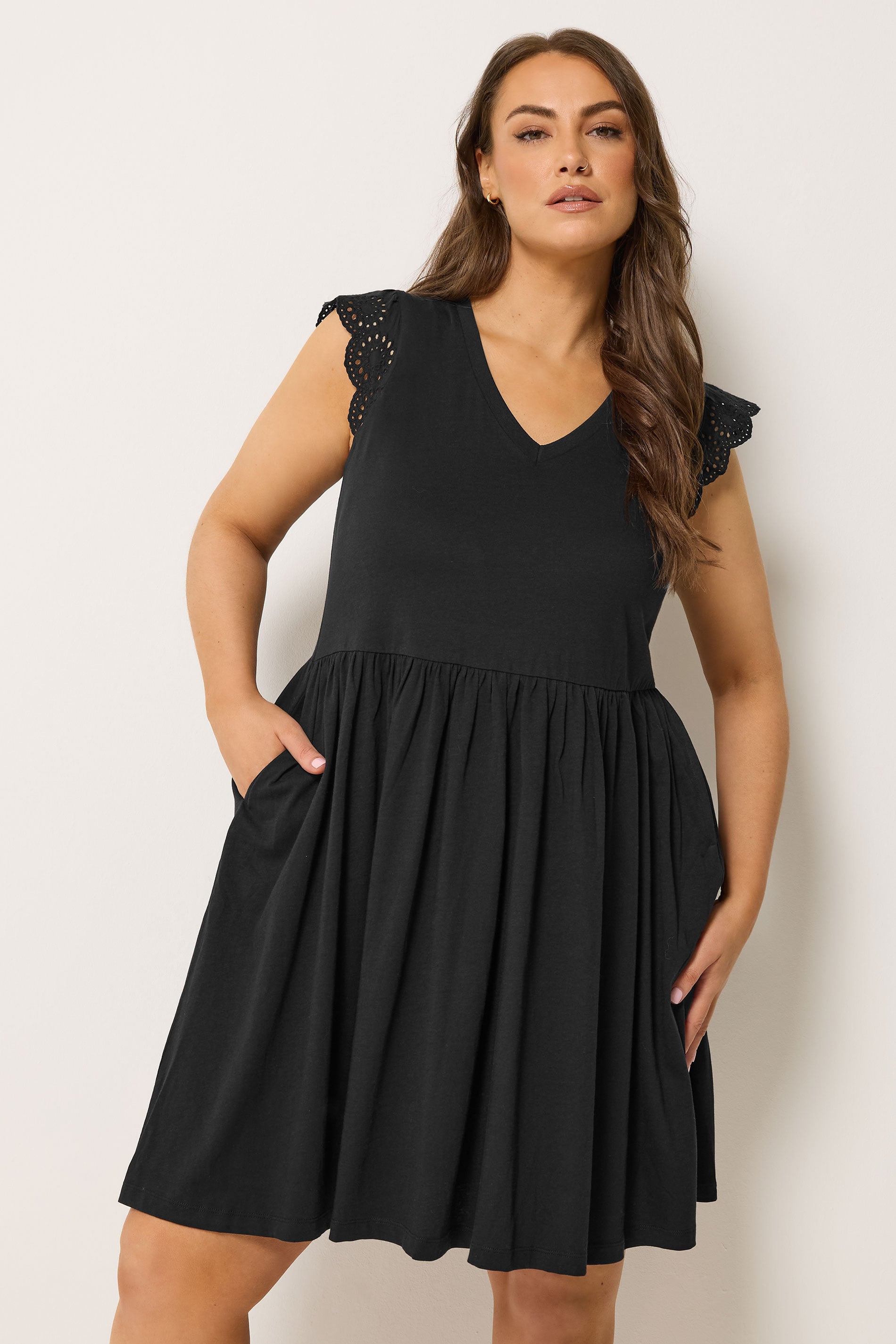 YOURS Plus Size Black Broderie Anglaise Peplum Dress | Yours Clothing 3