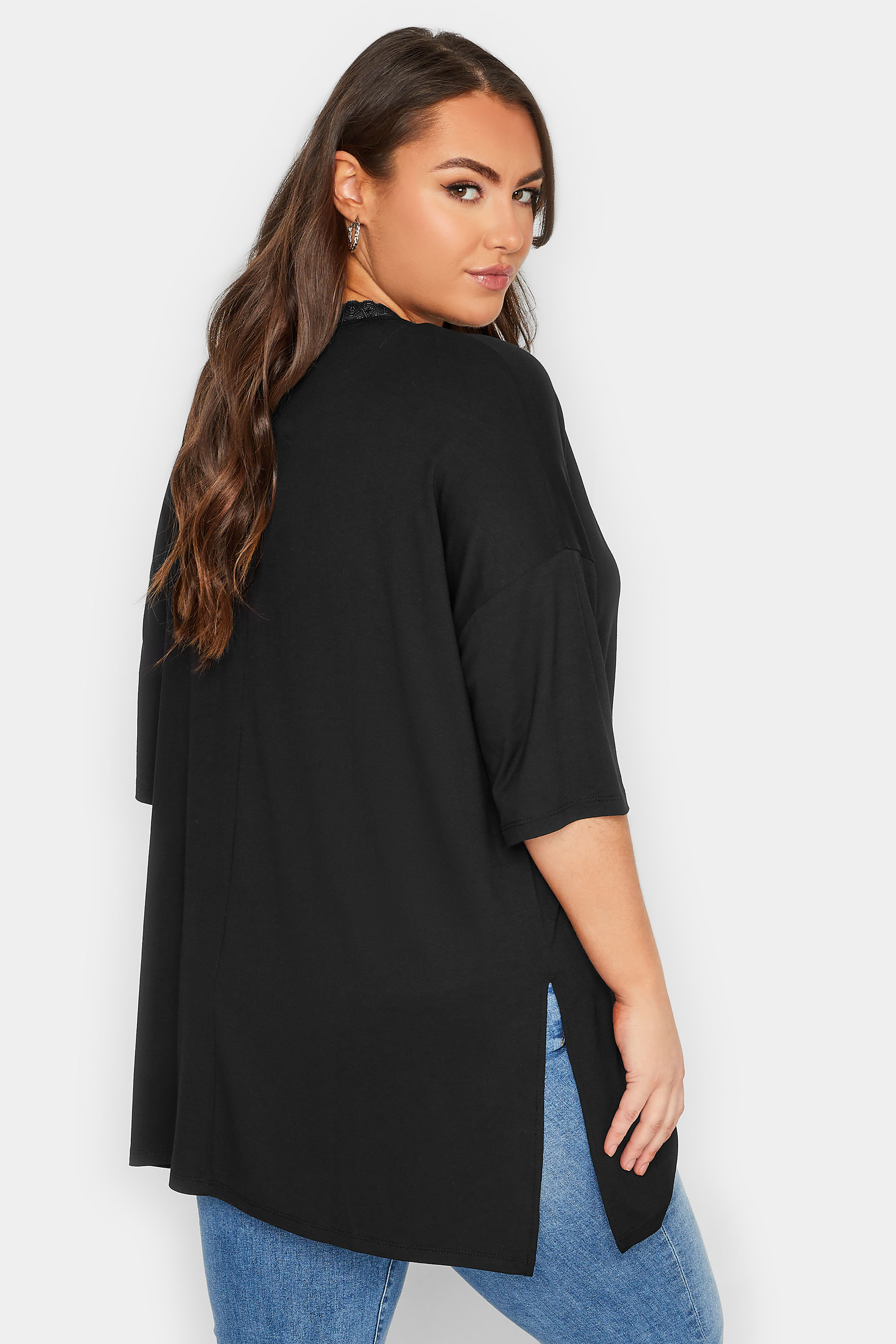 YOURS Plus Size Black Lace Neck T-Shirt | Yours Clothing 3