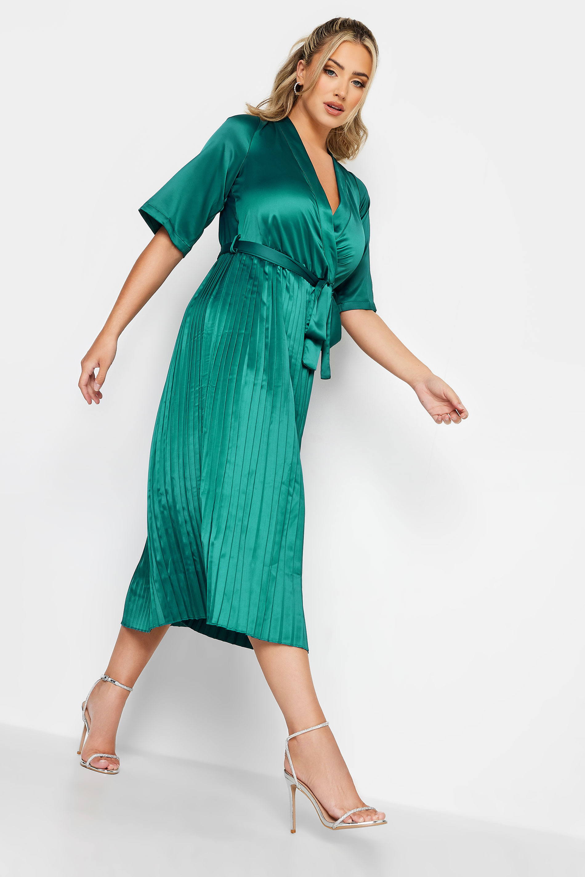 YOURS LONDON Plus Size Green Satin Pleated Wrap Dress | Yours Clothing 1
