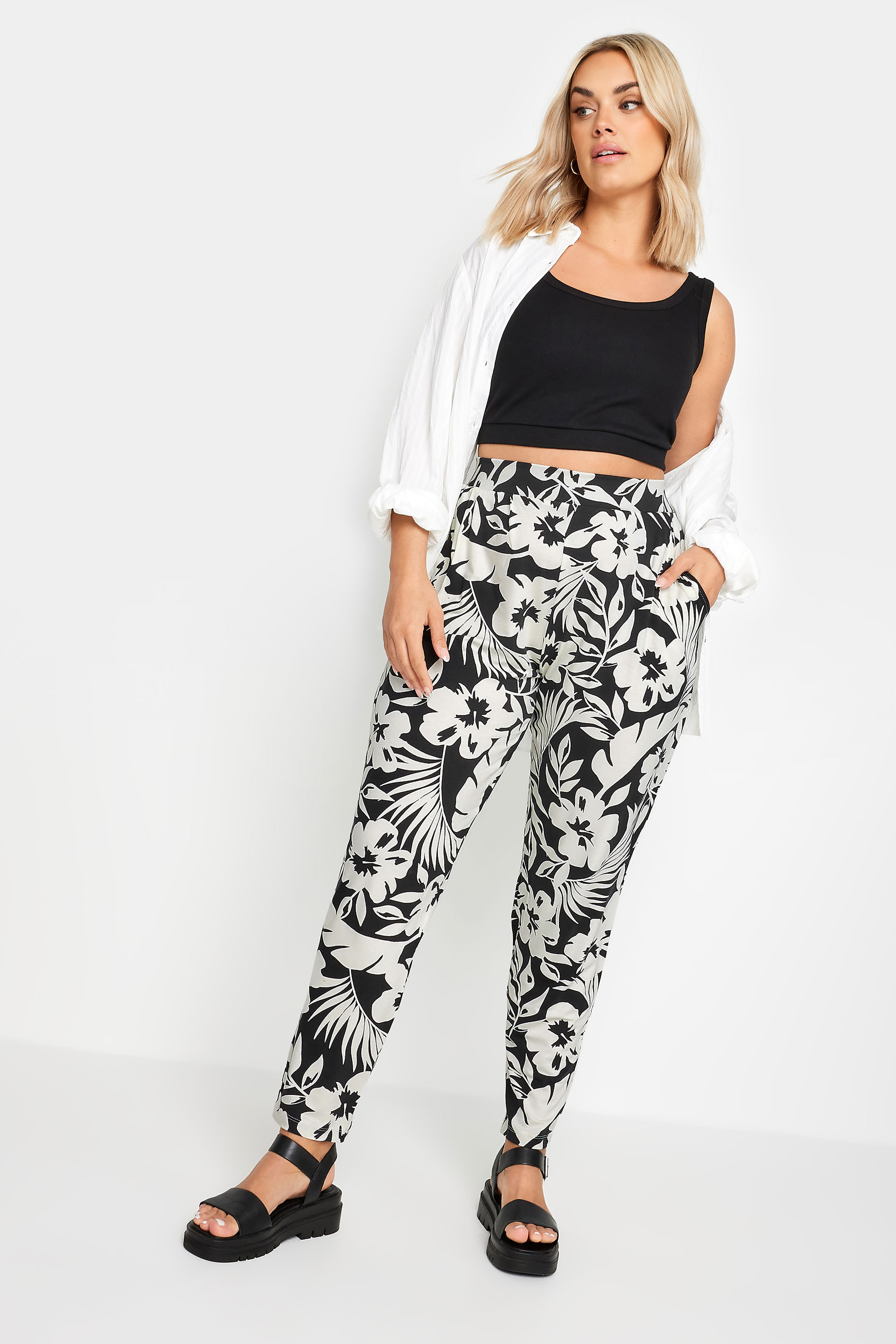 YOURS Plus Size Black & White Tropical Print Harem Trousers | Yours Clothing  2