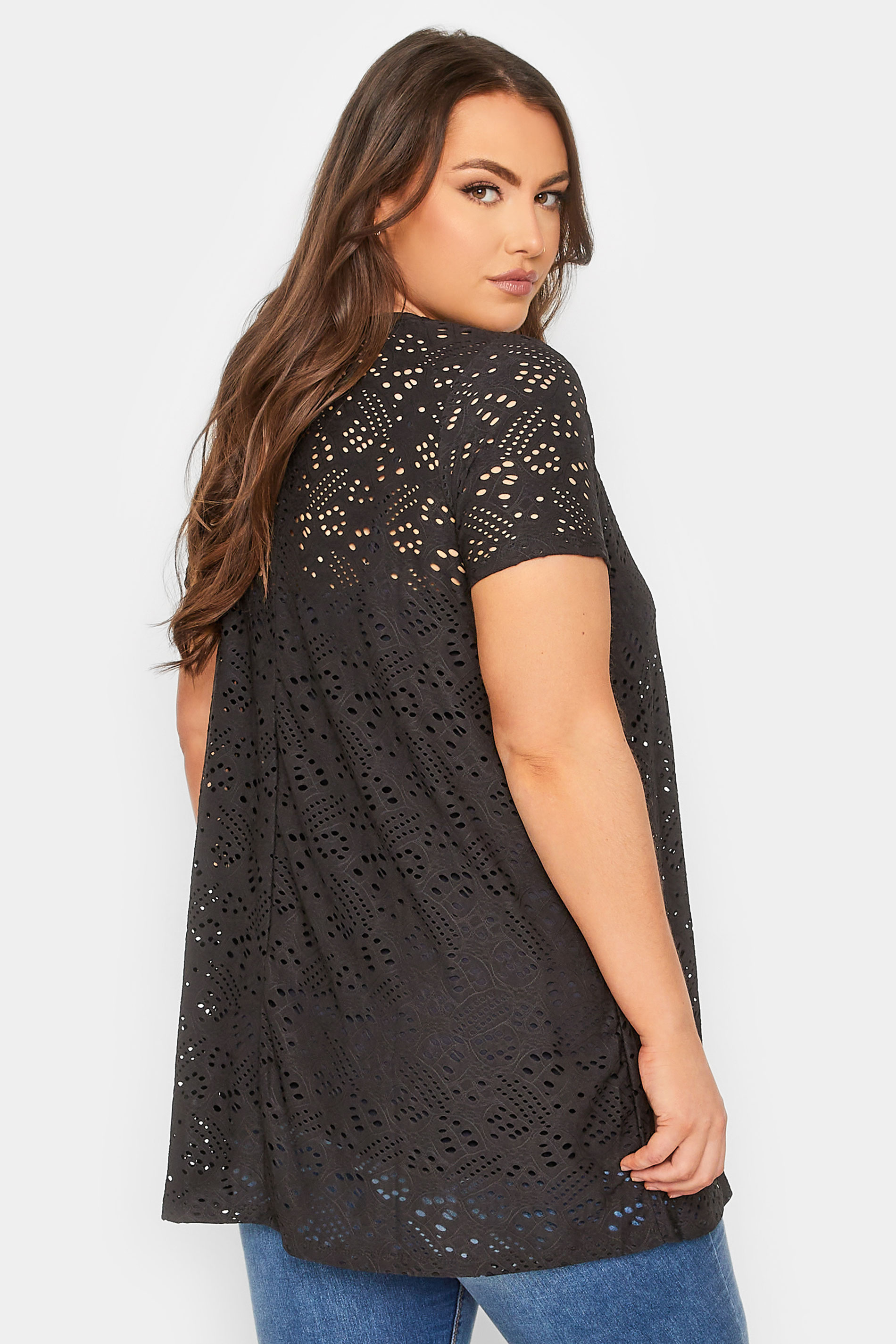 Plus Size Black Broderie Anglaise Swing T-Shirt | Yours Clothing 3