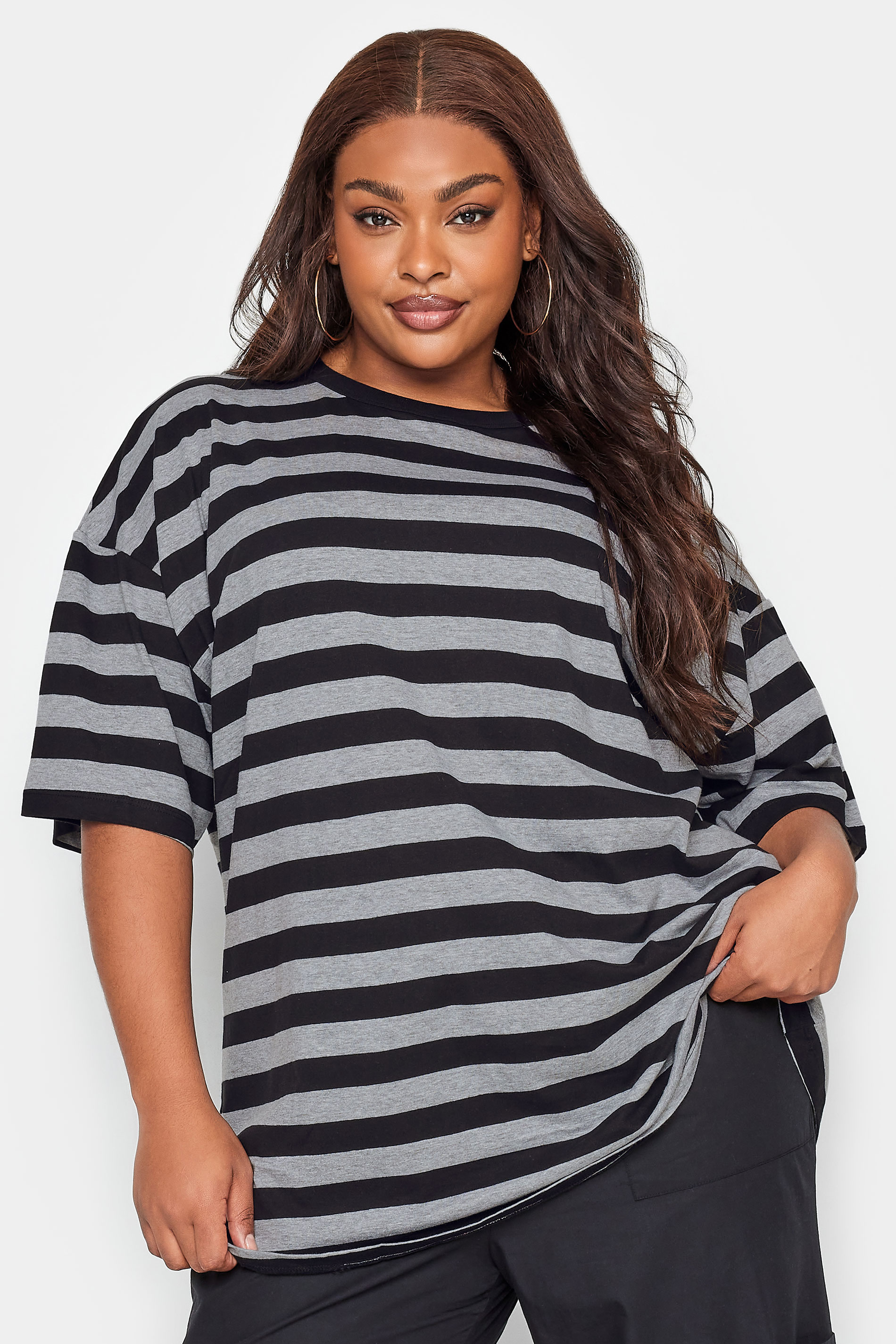 YOURS Plus Size 2 PACK Grey & Grey Stripe Oversized Boxy T-Shirt | Yours Clothing 2