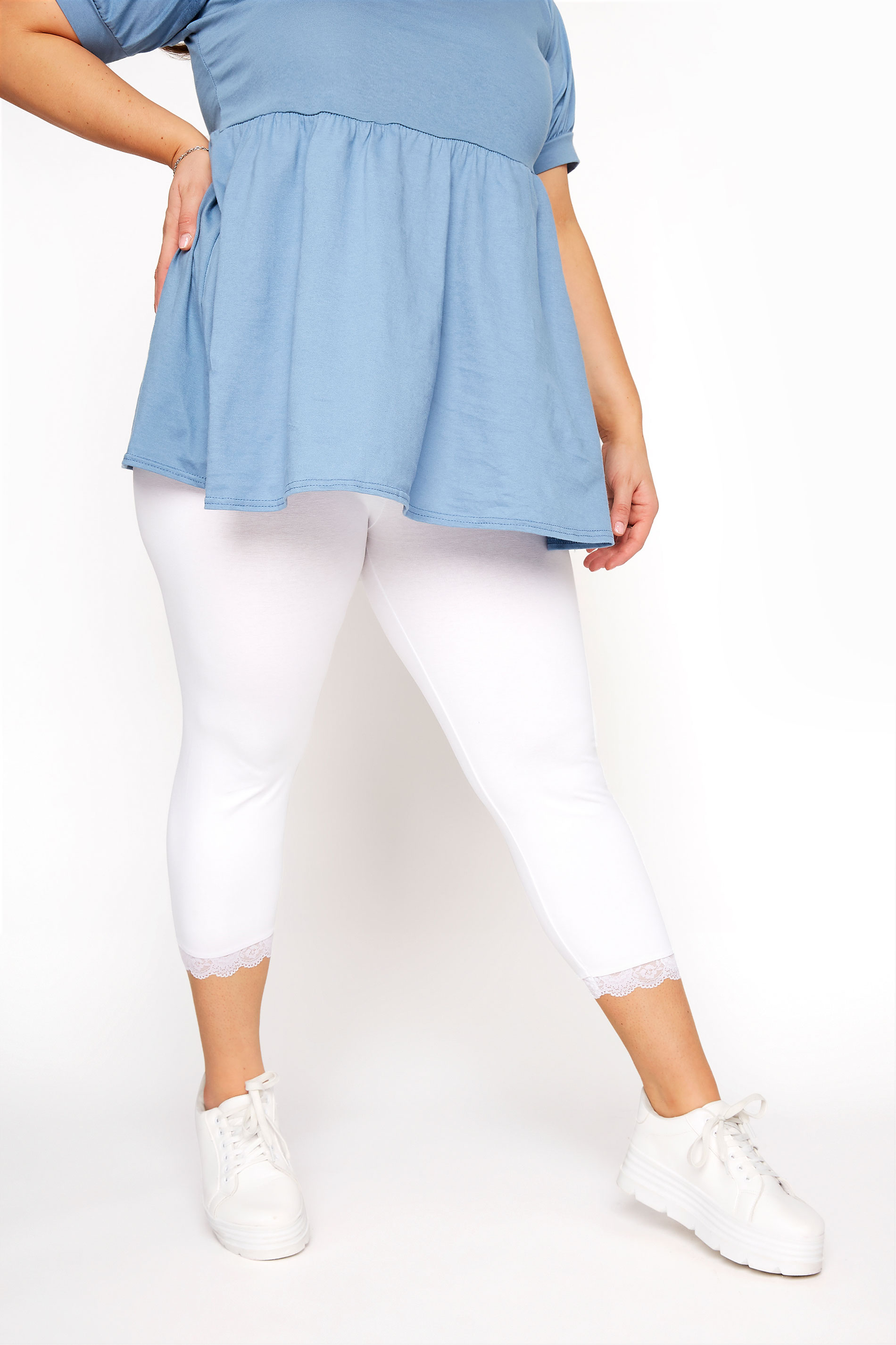 White Cotton Essential Cropped Leggings With Lace Detail Plus Size