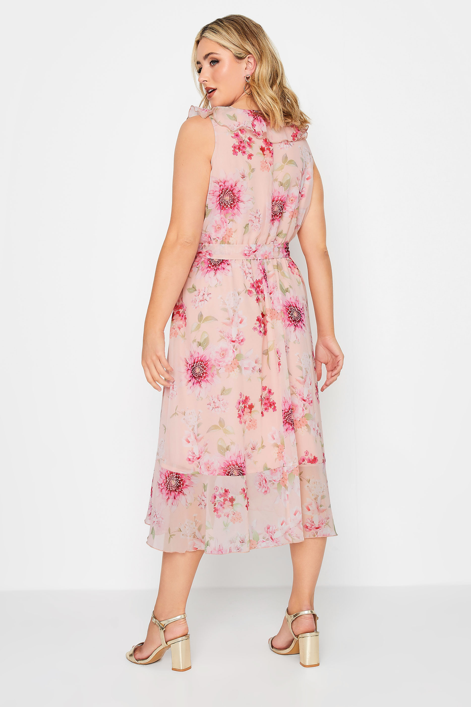 YOURS LONDON Plus Size Curve Pink Floral Print Double Ruffle Wrap Dress | Yours Clothing  3