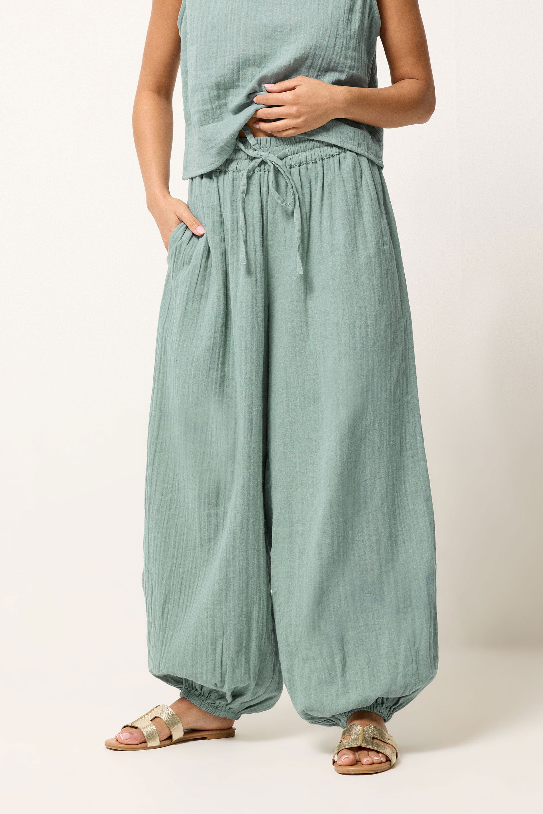 PixieGirl Petite Women's Set Sage Green Cotton Cheesecloth Top & Trousers | PixieGirl 5