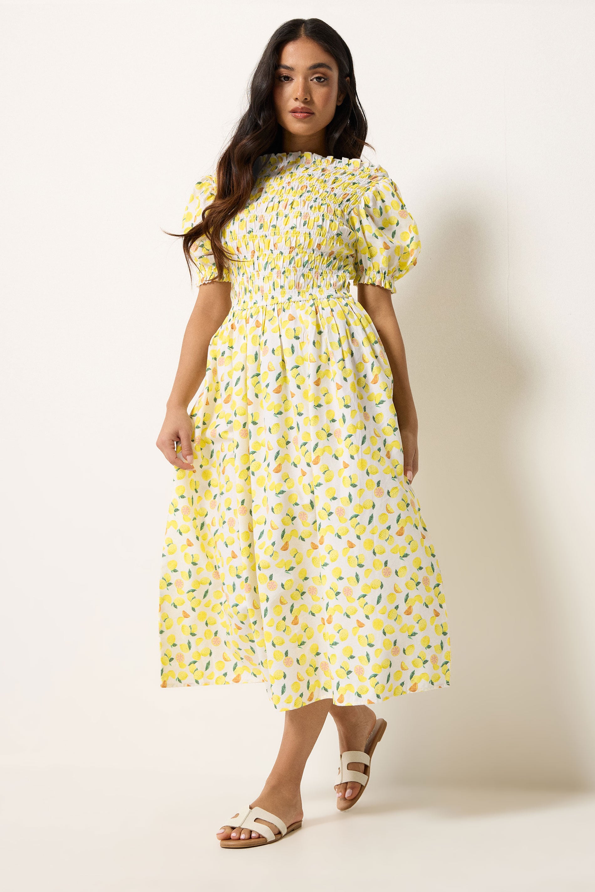 PixieGirl Petite Women's Yellow Lemon Shirred Midi Dress | PixieGirl 1