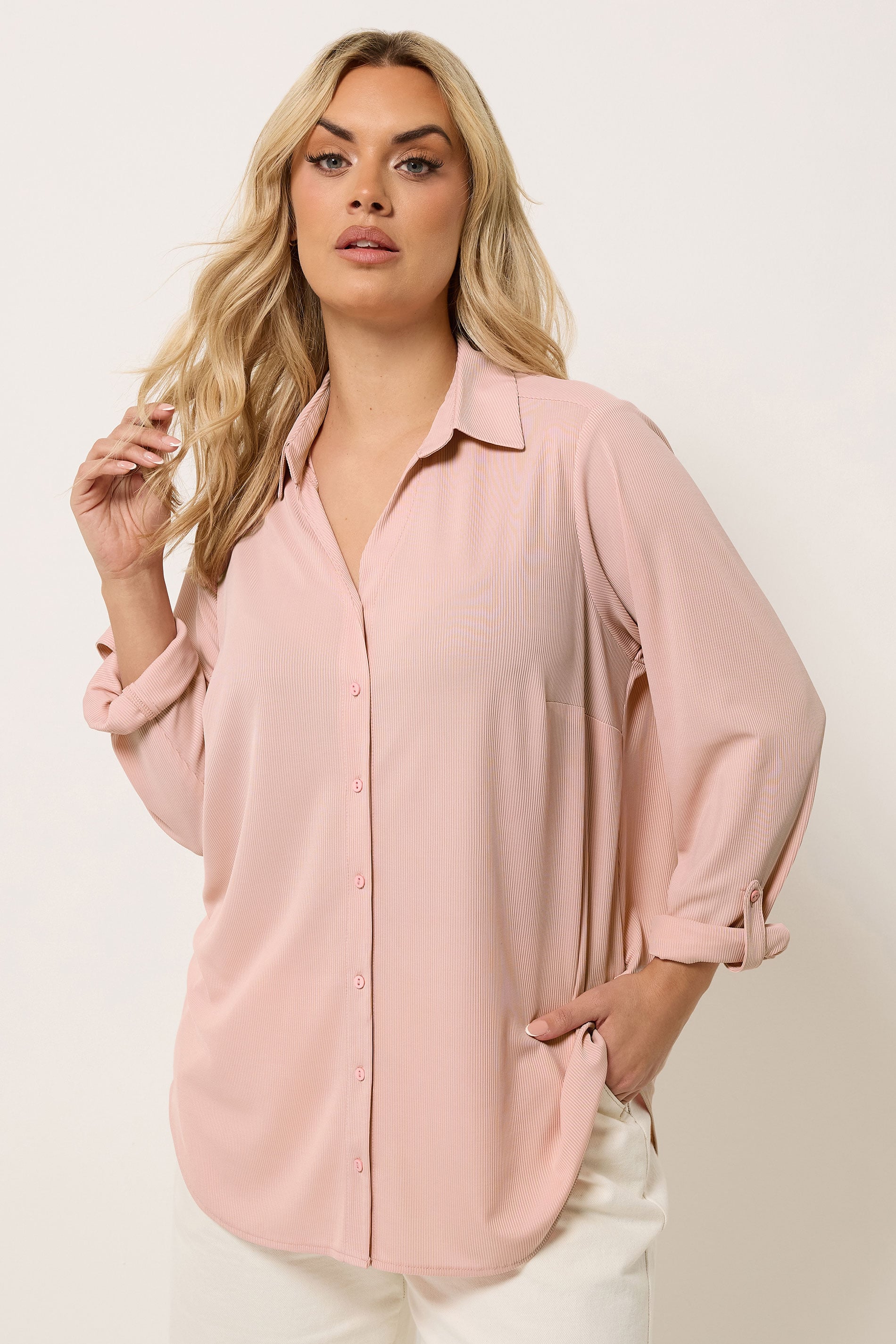 YOURS Plus Size Light Pink Ribbed Shirt | Yours Clothing 3