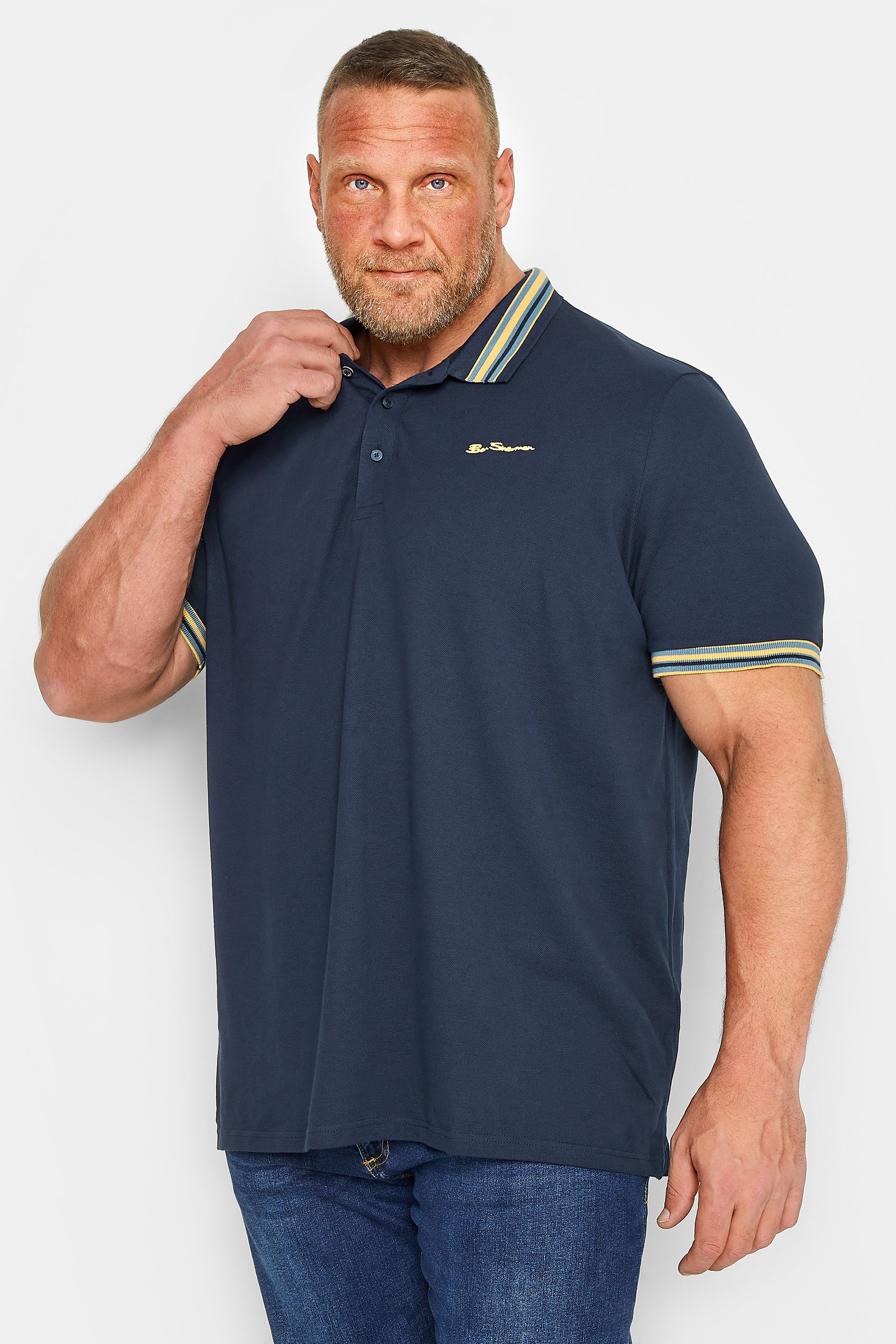 BEN SHERMAN Big & Tall Navy Blue Stripe Tipped Polo Shirt | BadRhino 1