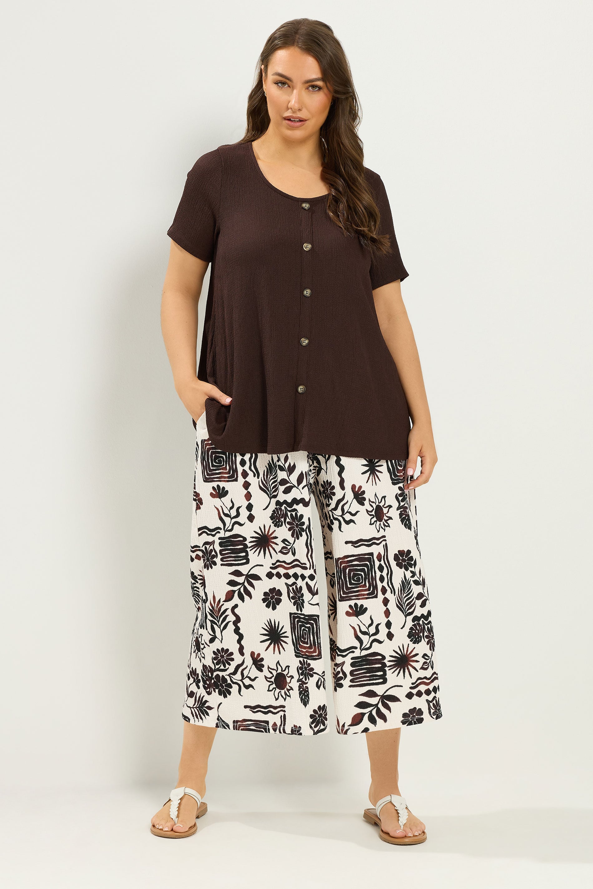 YOURS Plus Size Natural Brown Sun Print Culottes | Yours Clothing 1
